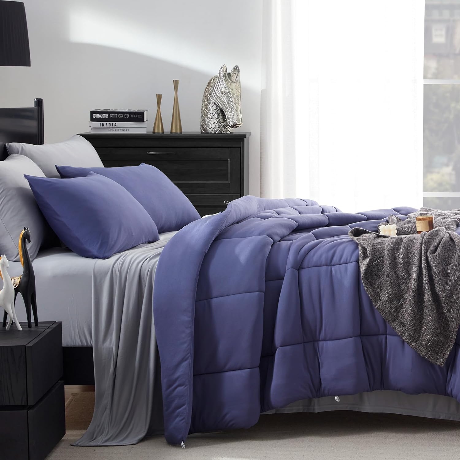 SLEEP ZONE King Size Comforter Set, Breathable Jersey Knit Soft Duvet Insert Set 3 Pieces Bedding Sets for Bedroom All Season, Navy - Image 5