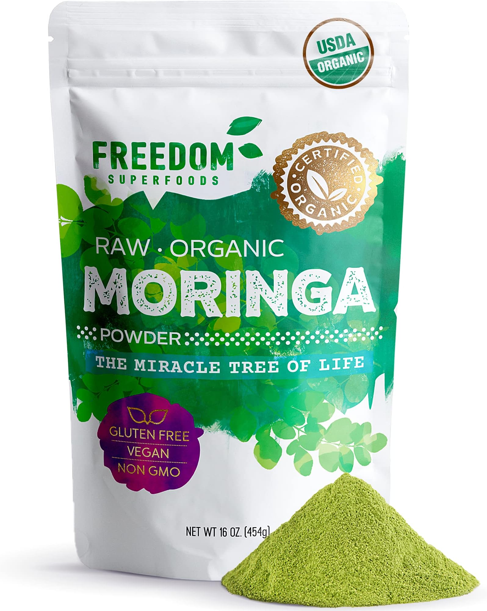 Raw Organic Moringa Powder - Pure Leaves from The Moringa Oleifera Tree in India - Nutrient-Rich Superfood for Tea, Smoothies & Vegetable Protein - Gluten-Free, Keto, Vegan, & Non-GMO - 1lb/ 16oz
