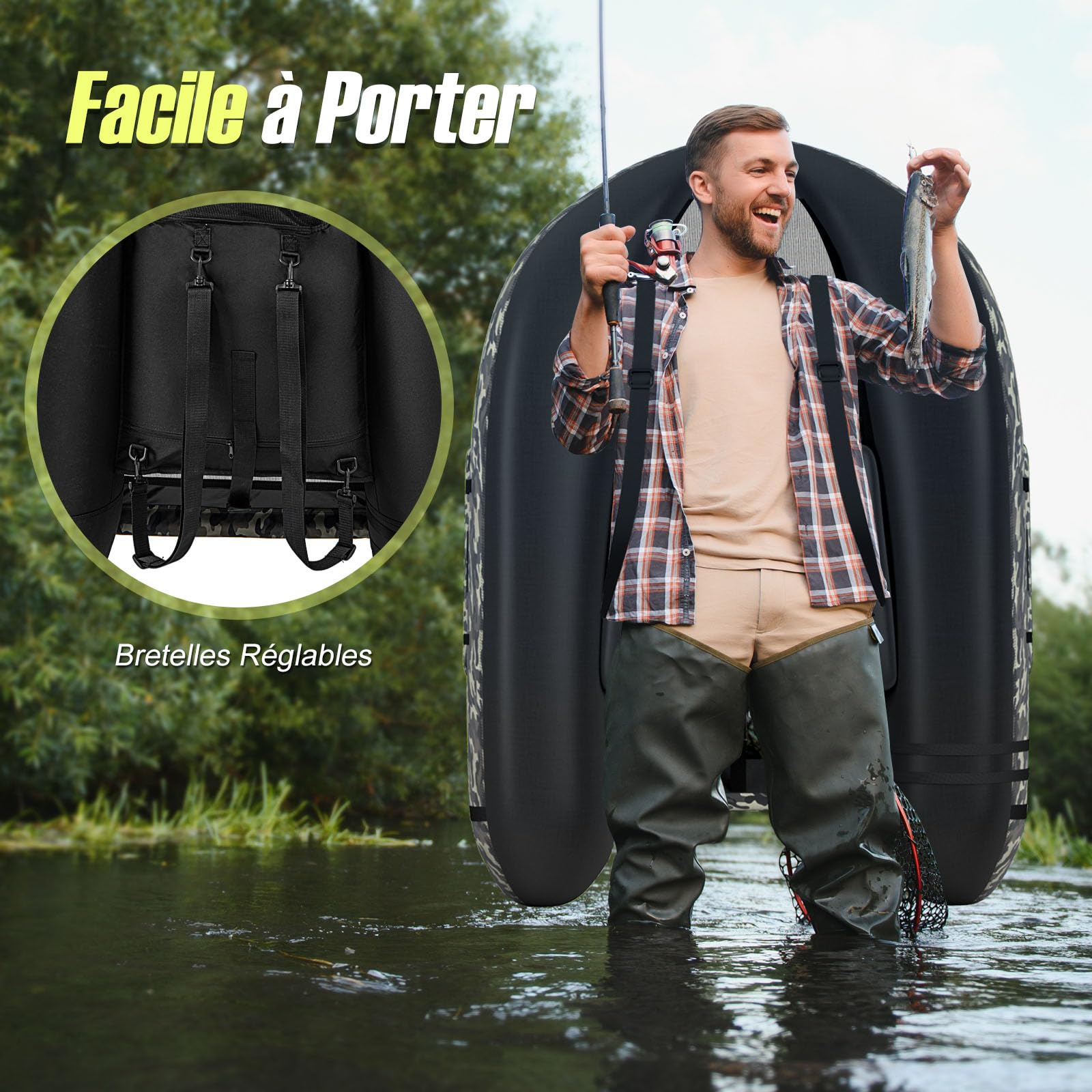 GOPLUS Bateau Pêche Gonflable, Float Tube Tissu Polyester avec Support de Canne Peches, Dossier, Sangles Réglables, Pompe, Règle à Poisson, Poches Rangement, Pagaie, Capacité 150KG