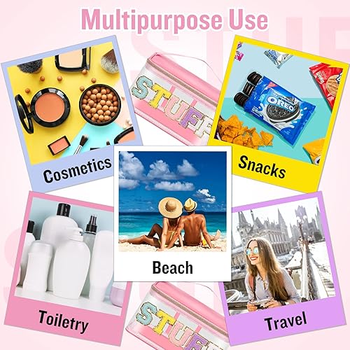 Miniatura 7 de izuzta Bolsas de maquillaje transparentes con letras de chenilla, bolsa de maquillaje con asa, COSA-Rosa