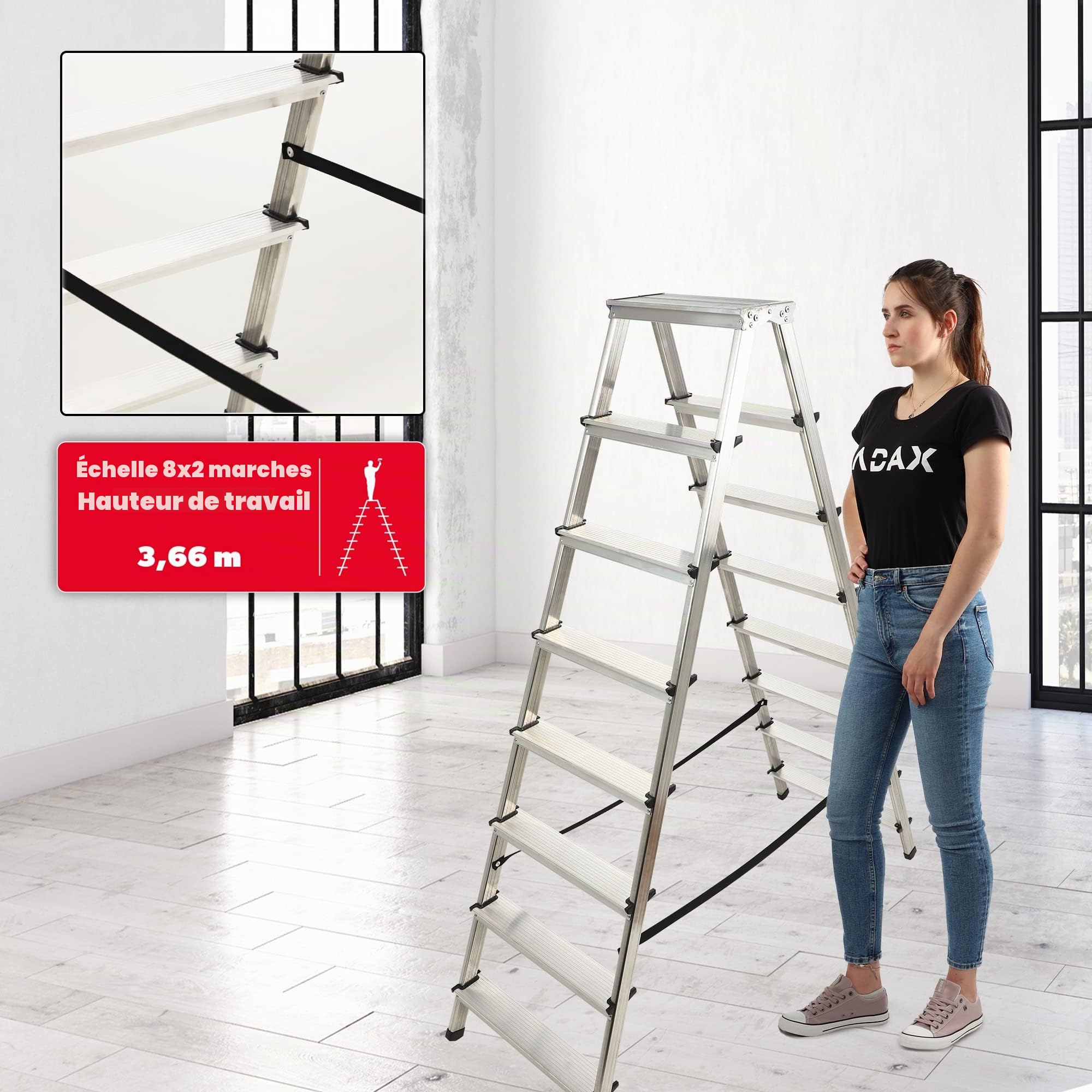 KADAX Échelle Double en Aluminium, Équipée de Marches Antidérapantes et d'une Conception Pliable Facilitant Le Stockage et Le Transport (8 Marches)