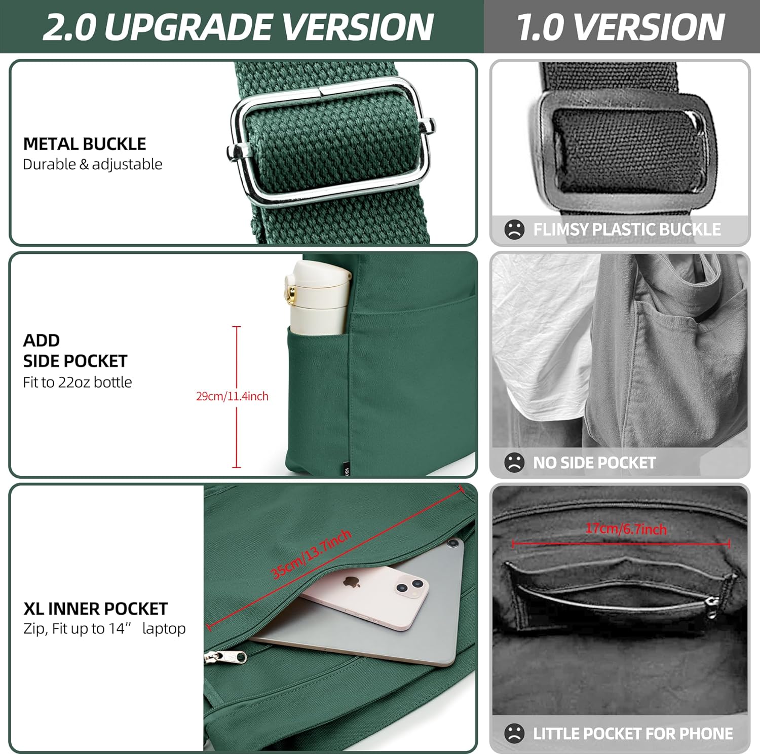 KALIDI Canvas Tote Bag Large Hobo Crossbody Shoulder Handbag Zipper Messenger Bag for Women or Men Casual College Work - Image 7