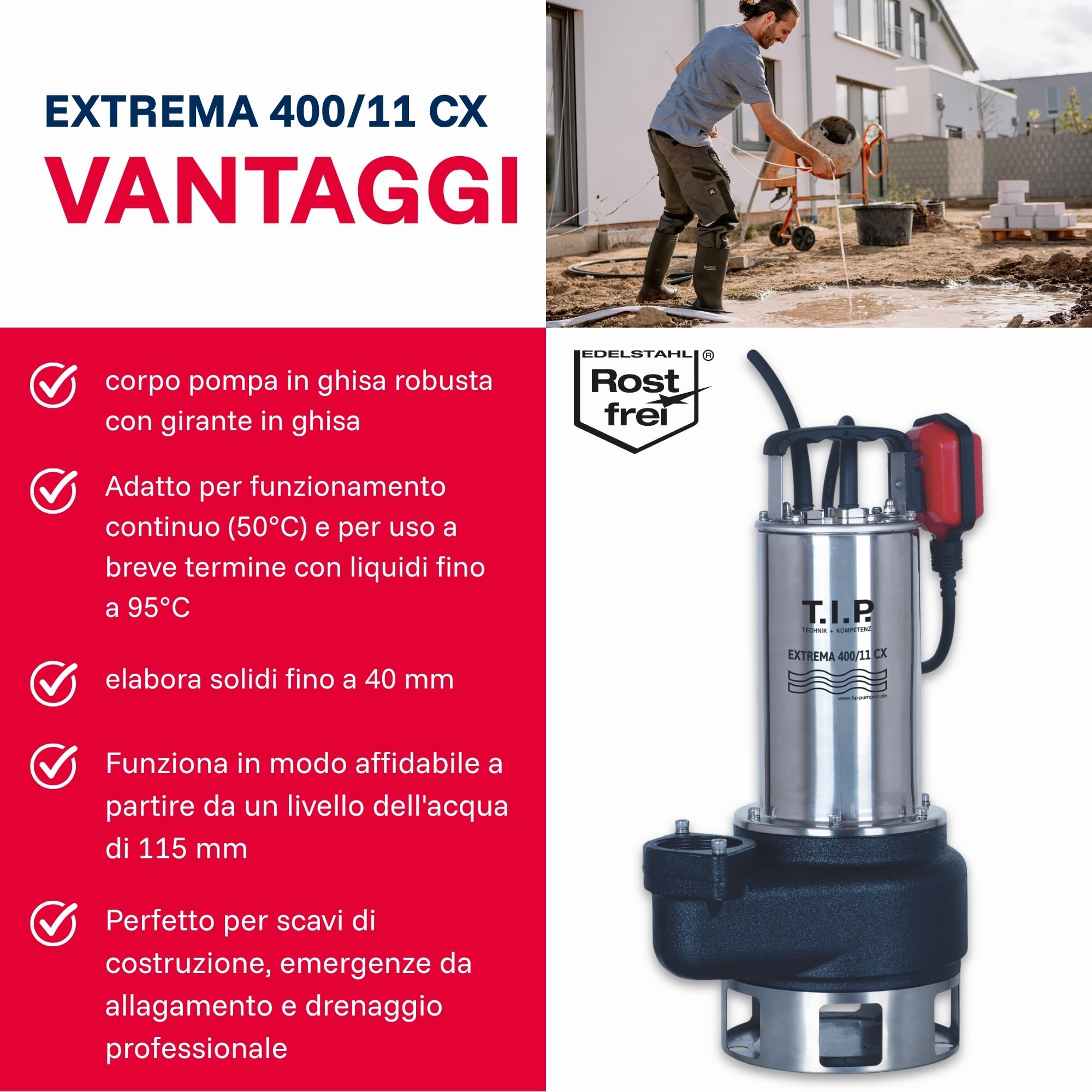 Pompa sommersa professionale per acque sporche T.I.P. - Acciaio inossidabile (portata 42.000 l/h, prevalenza 16 m, pressione 1,6 bar, granulometria 50 mm, acqua di lavaggio) Extrema 700/16-3 IX