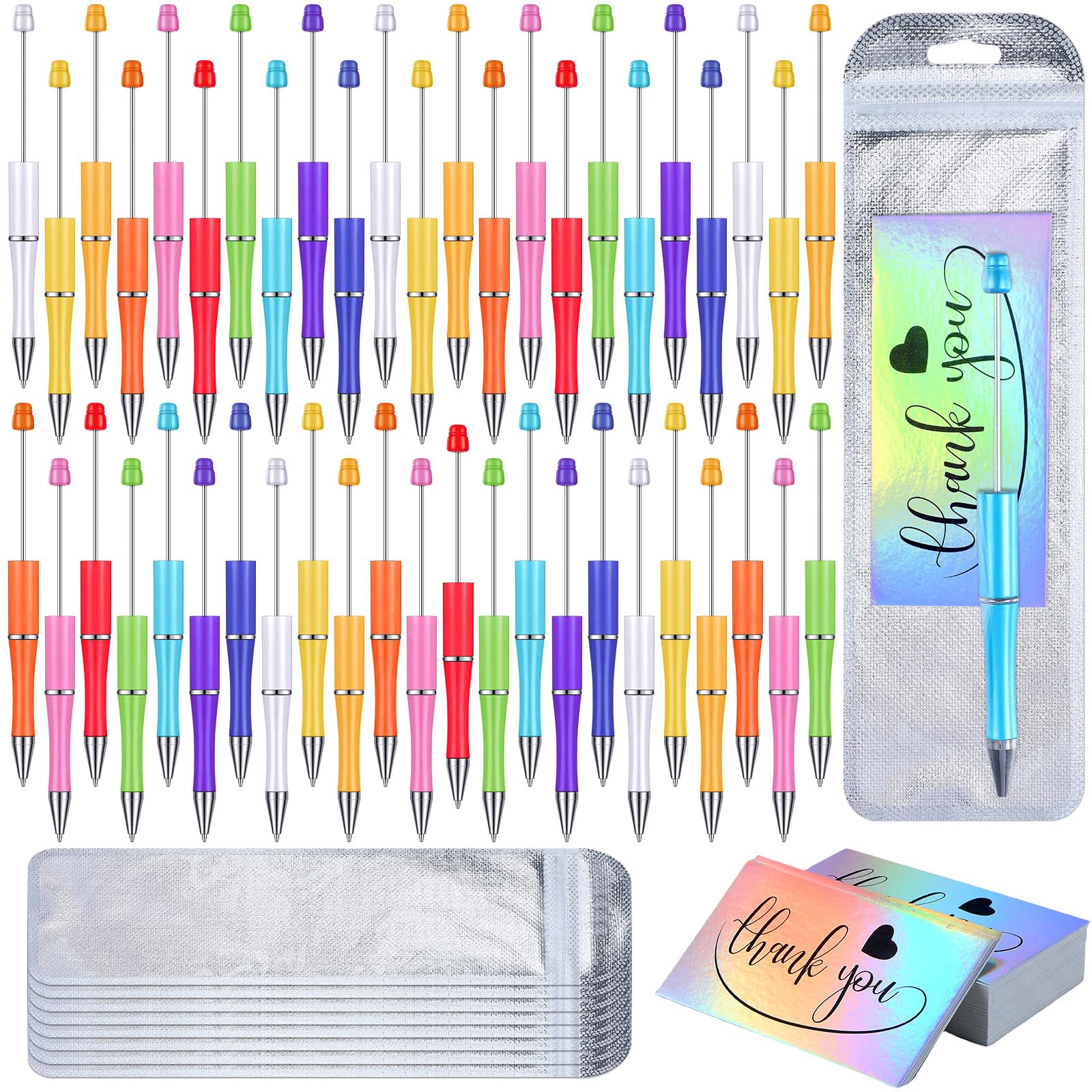 Yeaqee 150 Pieces Beadable Pens Kit 50 Pieces Colors Plastic Beaded Ballpoint Pens Bulk 50 Foil Thank You Cards with 50 Resealable Packaging Bags for