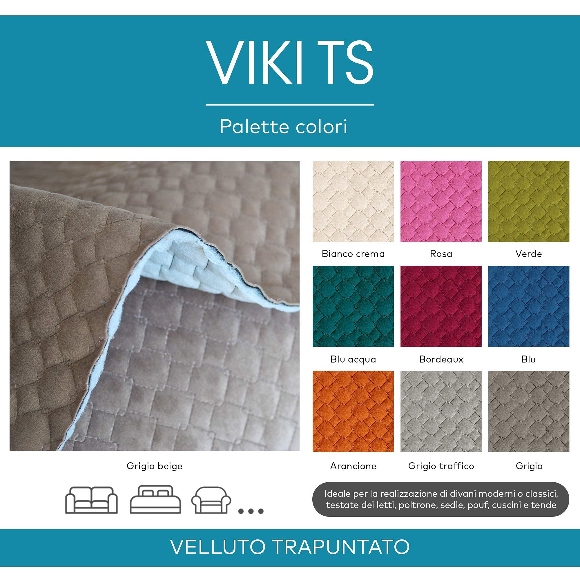 DESHOME Viki TS - Tissu au mètre d'ameublement en Velours matelassé pour canapés, fauteuils, coussins, chaises, couvre-lit (Vert canard, 1 mètre)