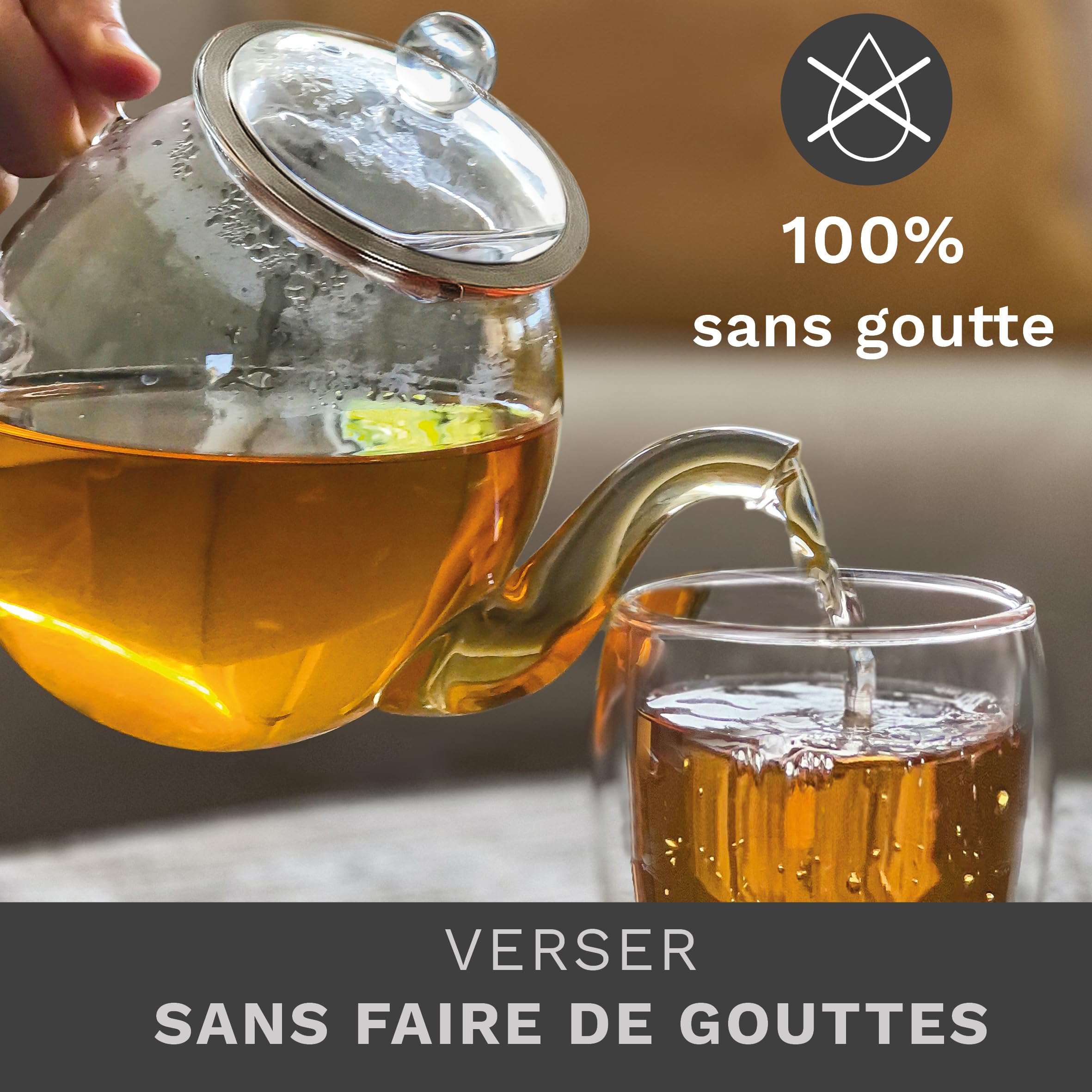 Creano Théière 1 l en verre borosilicaté "haute" avec filtre en acier inoxydable amovible et couvercle en verre – élégante et anti-goutte – pour thé en vrac et fleurs de thé