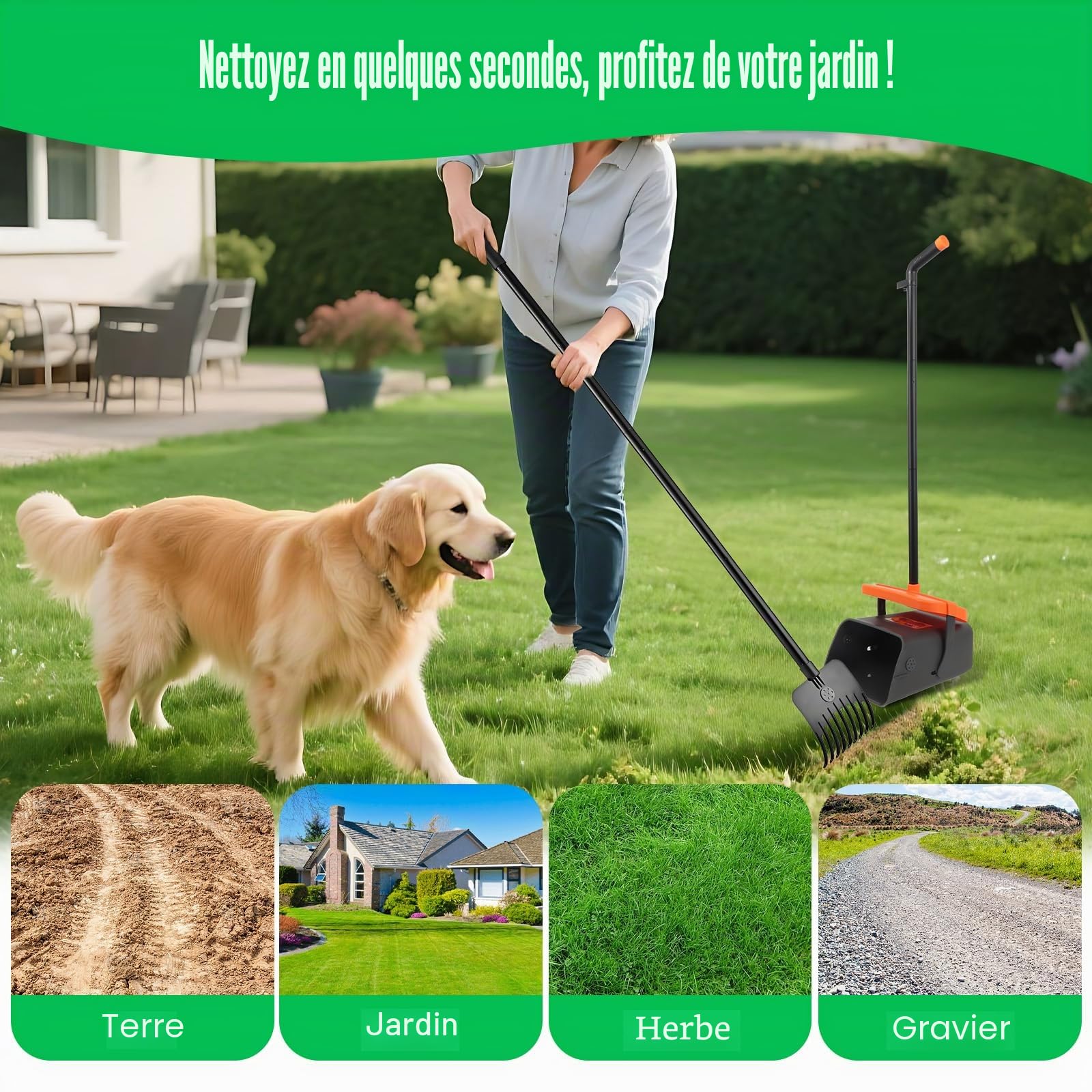 Ramasse Crotte pour Chien, Long Manche Pince Ramasse Crotte Chien Set, Pelle Crotte Pivotante avec Sacs à DéChets Outile de Nettoyage pour la Cour, Promenades, l'herbe, Feuilles de Jardin