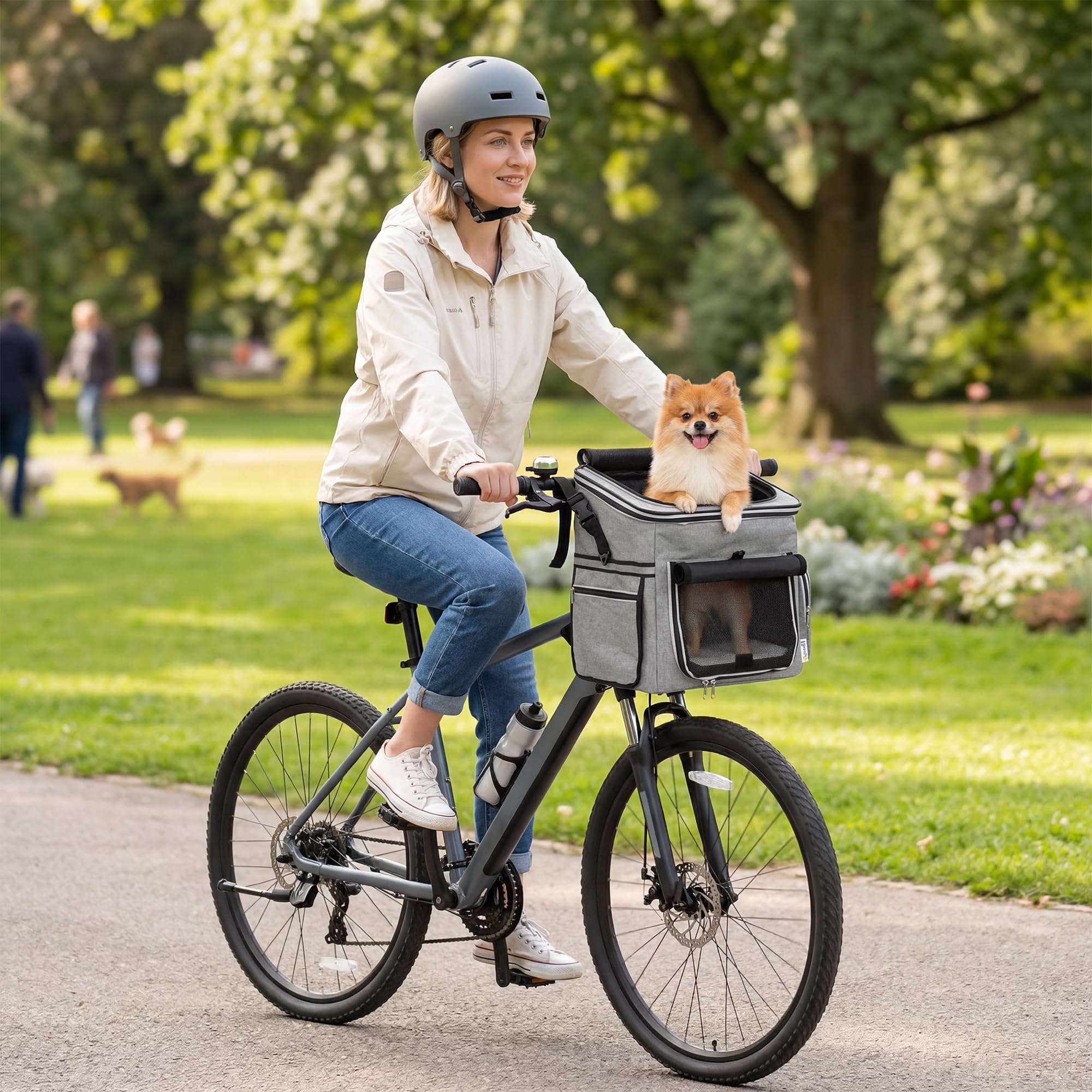 PawHut Cestello da bicicletta Anteriore per Cani Gatti, Cestino Bici Anteriore Portatile con Guinzaglio di Sicurezza, Base Rigida Rimovibile, Coperchio Staccabile, Cuscino Soffice, Finestre e Porta