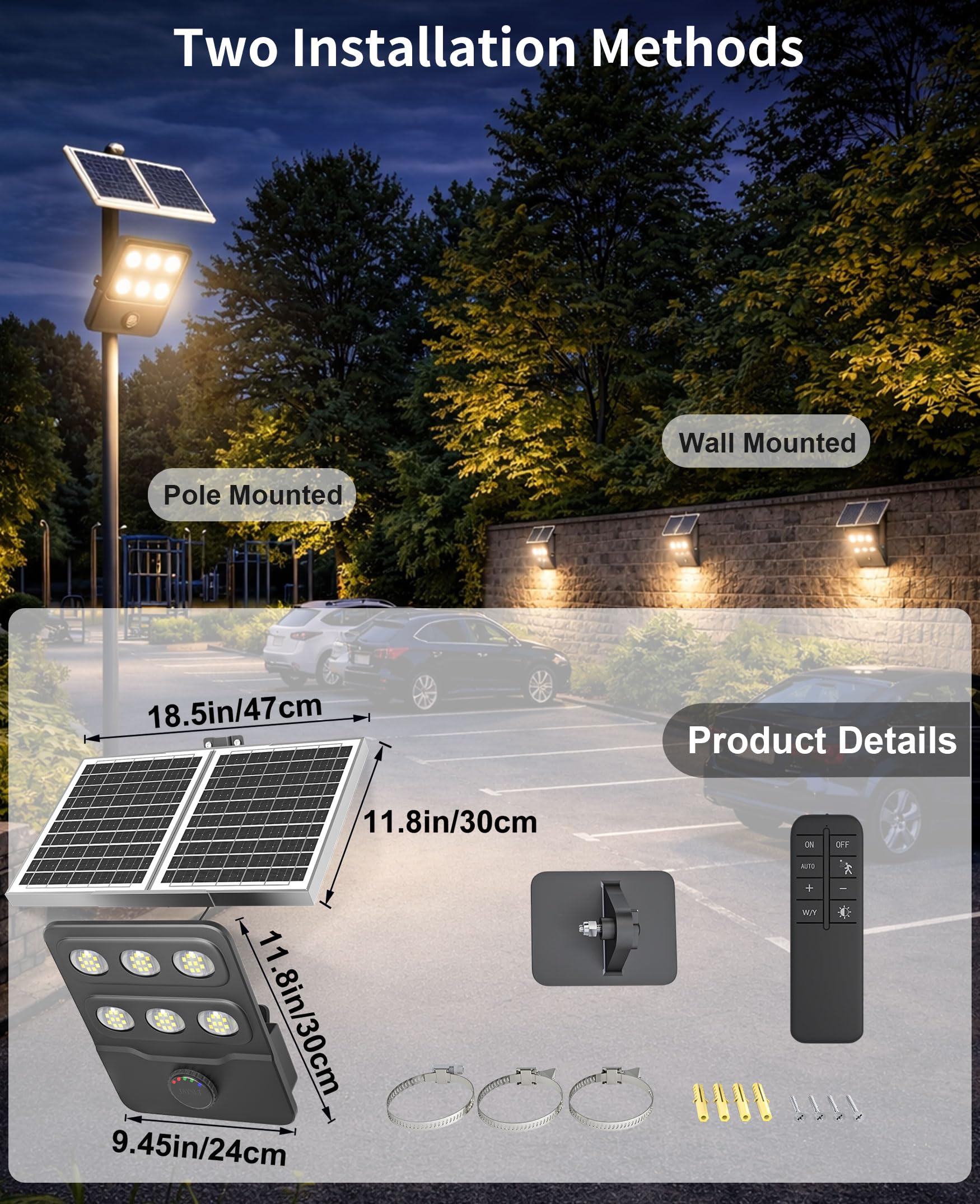 JAYNLT Solar Straßenlaterne für Außen, 3000K/4000K/6500K LED Solar Strahler mit Bewegungsmelder und Fernbedienung, IP67 Solarlampe Flutlicht für Garten Garage Hof Parkplatz, 1 Set