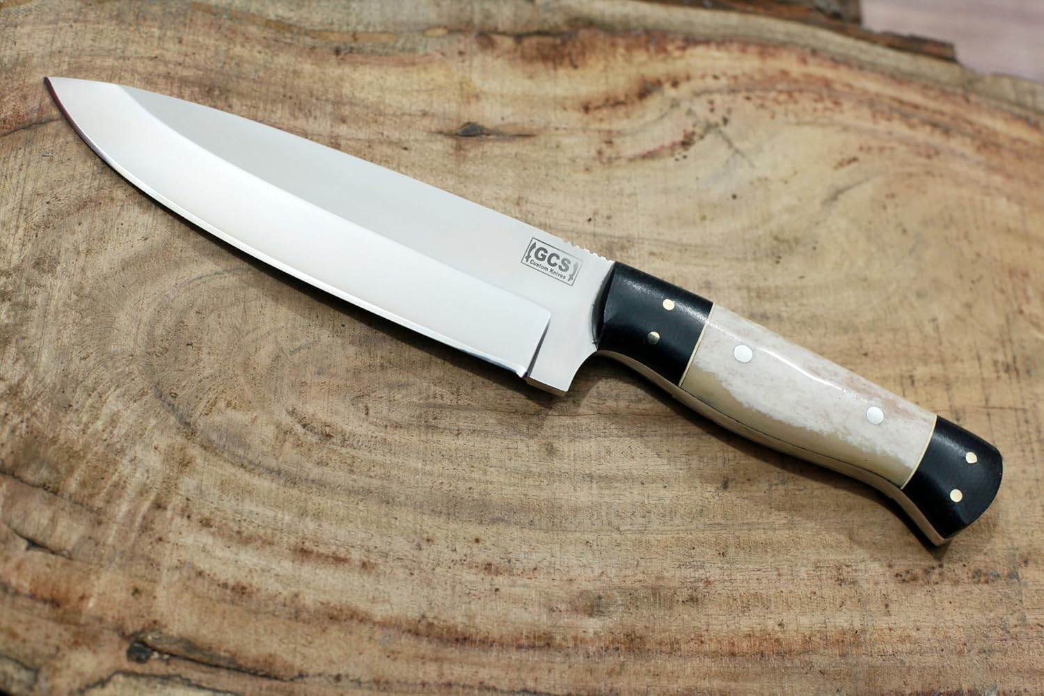 GCS Handmade D2 Tool Steel Bone Handle Hunting Skinning Camping Knife with Brown Leather Right or Left Hand Horizontal Fixed Blade Knife Sheath GCS207