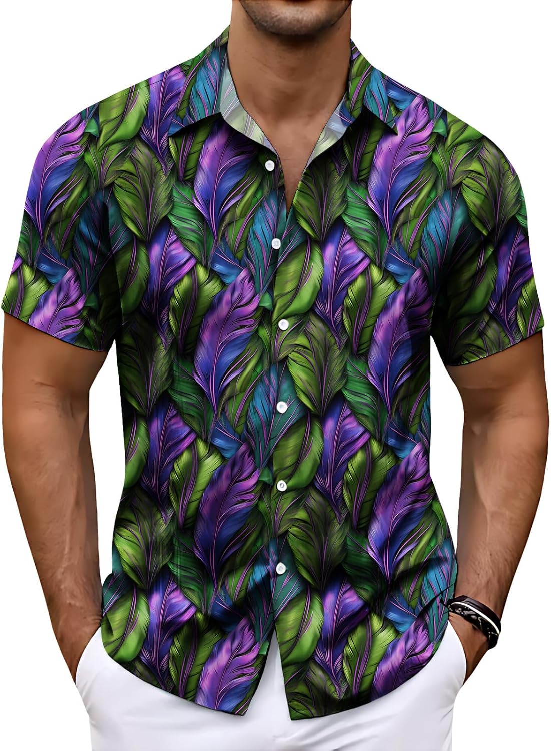 Mens Short Sleeve Button Down Shirt Feather Print Lightweight Summer Casual Beach Vacation Top Tropical Style