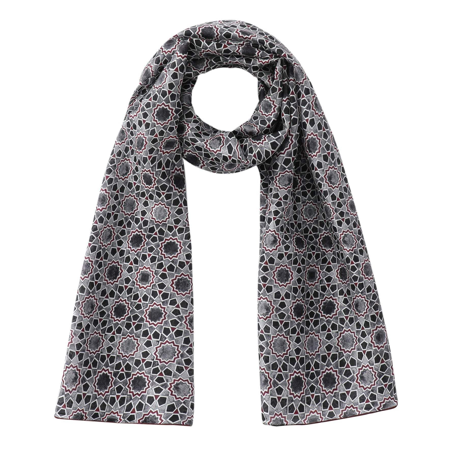 Hamzah Pañuelo de Seda Natural para Cuello – 180x65 cm con Terminaciones Cosidas a Mano, Estampado Geométrico Mudéjar
