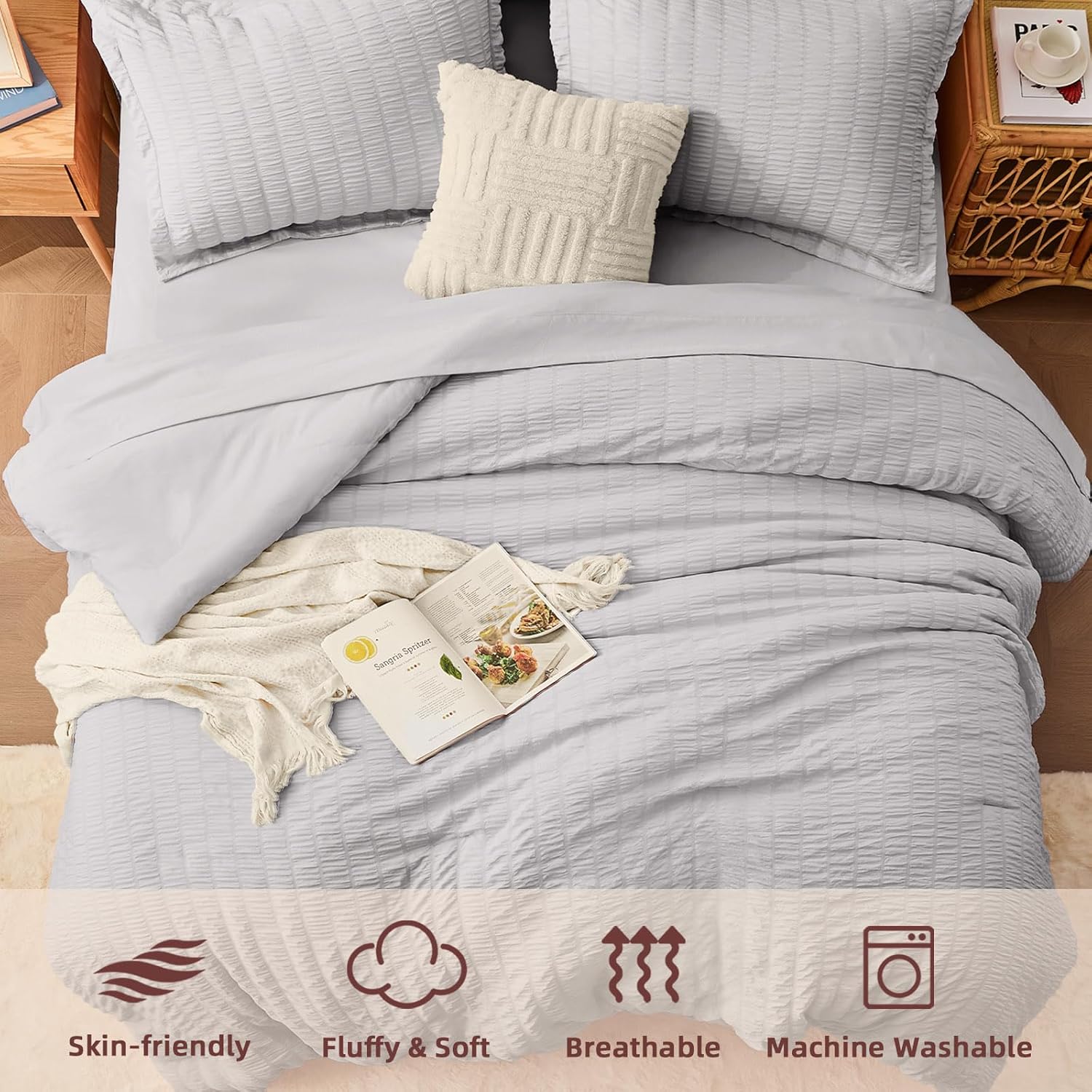 FUANNA Queen Comforter Set 7 Pieces, Luxury Seersucker Bed in a Bag Queen Size for All Seasons, Soft Bedding Set with Comforter, Flat Sheet, Fitted Sheet, Pillowcases & Shams for Bedroom,Light Grey