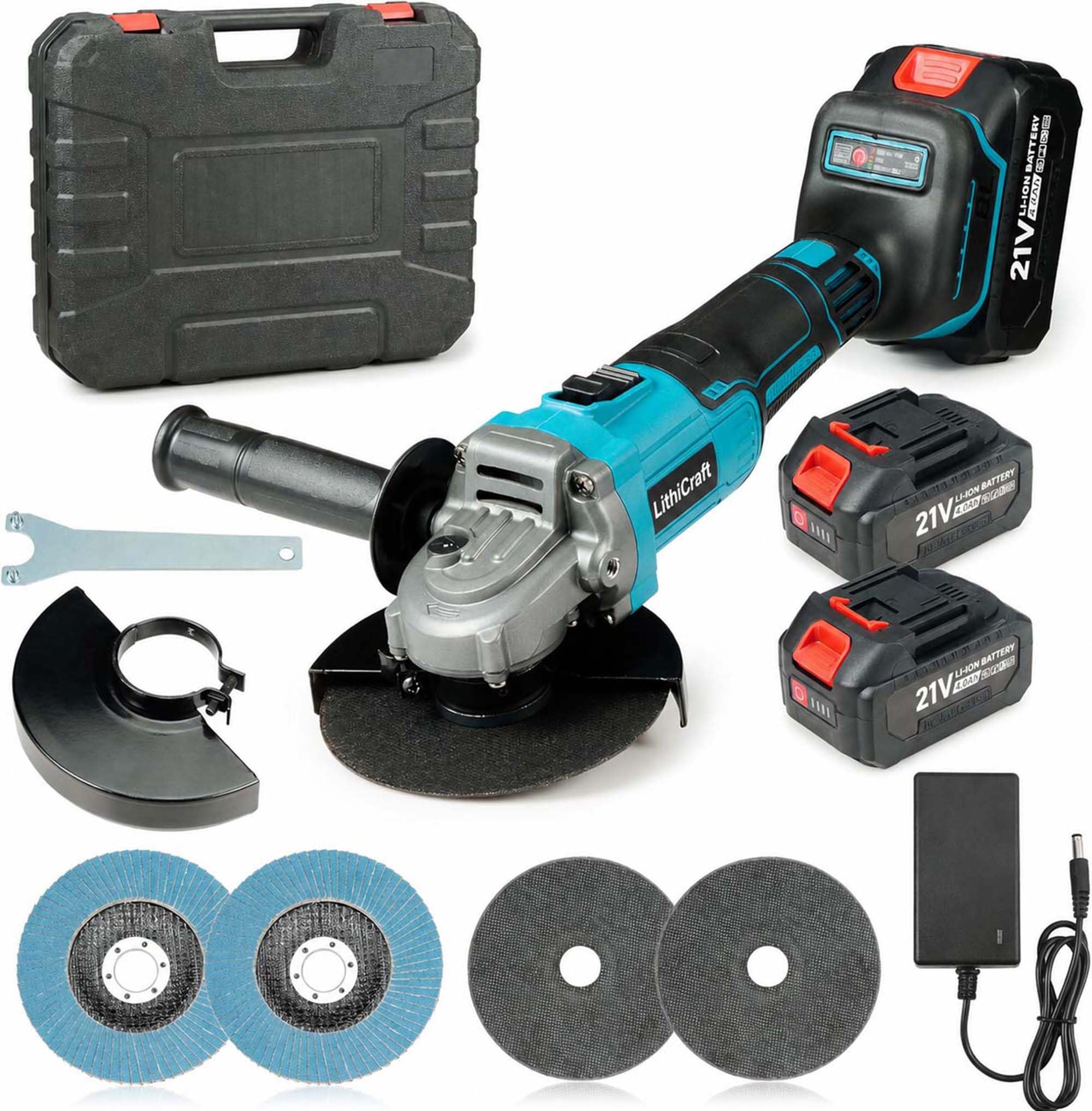 Amoladora angular inalámbrica 125 mm, amoladora brushless 10000 rpm con 2 baterías de 4,0 Ah y cargador, para metal, piedra y azulejos, con maletín