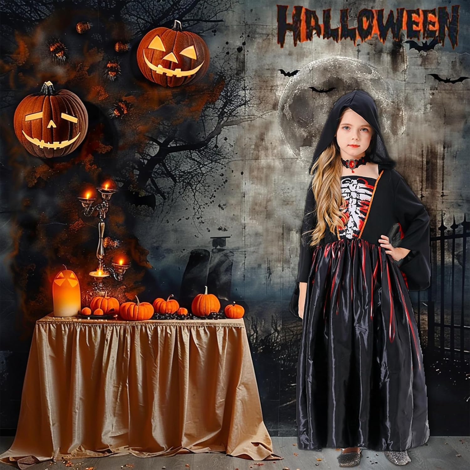 Tosekry Vestito Halloween Bambina, Costume Halloween Bambina, Costume Halloween Bambino Composto da un Abito con Cappuccio e una Collana Gotica