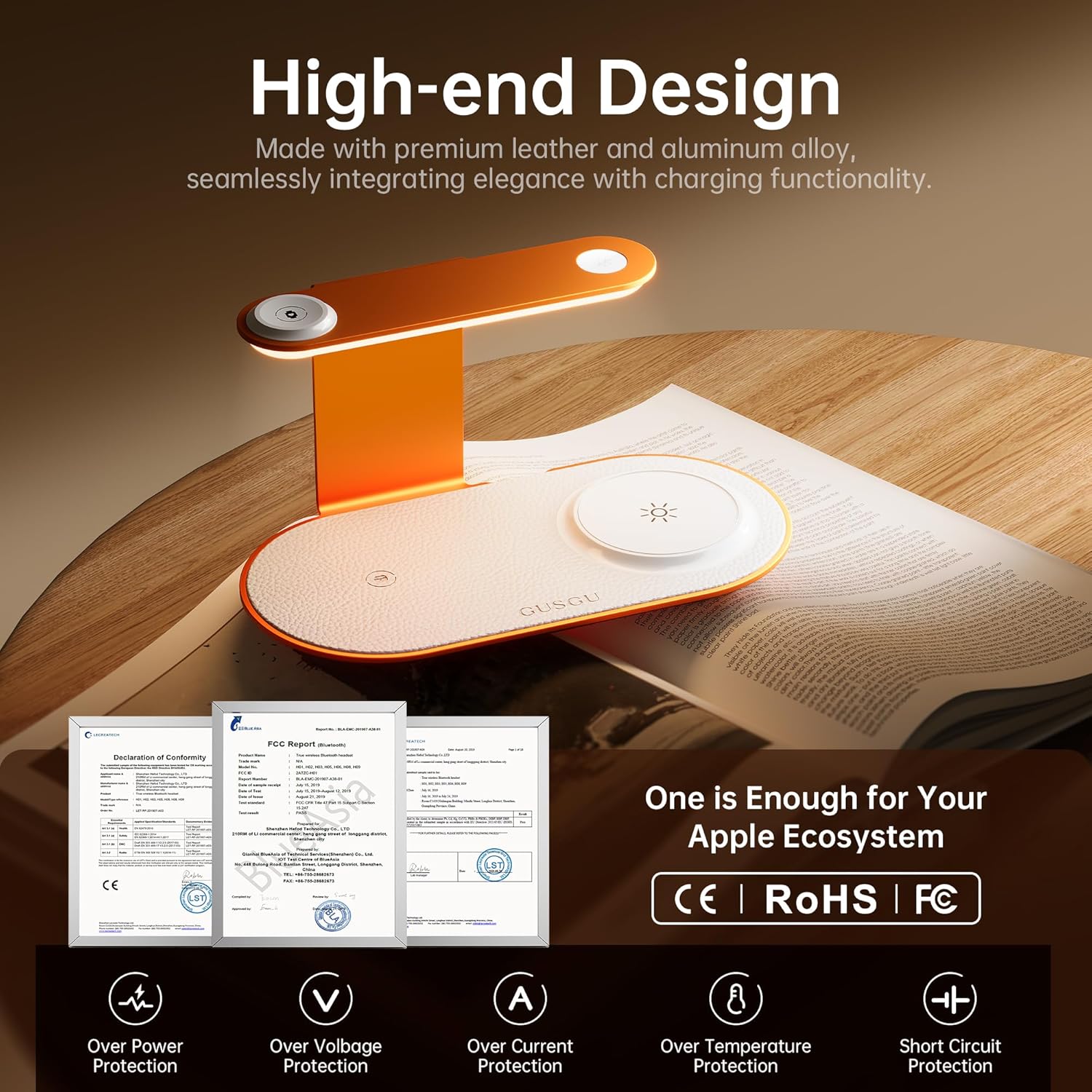 GUSGU 3 in 1 Charging Station for MagSafe Wireless Charger with Three-Level Night Light, 15W Max Fast Charging for iPhone Series/Samsung Galaxy Series, Apple/Samsung Watch Series, AirPods-Orange - Image 6