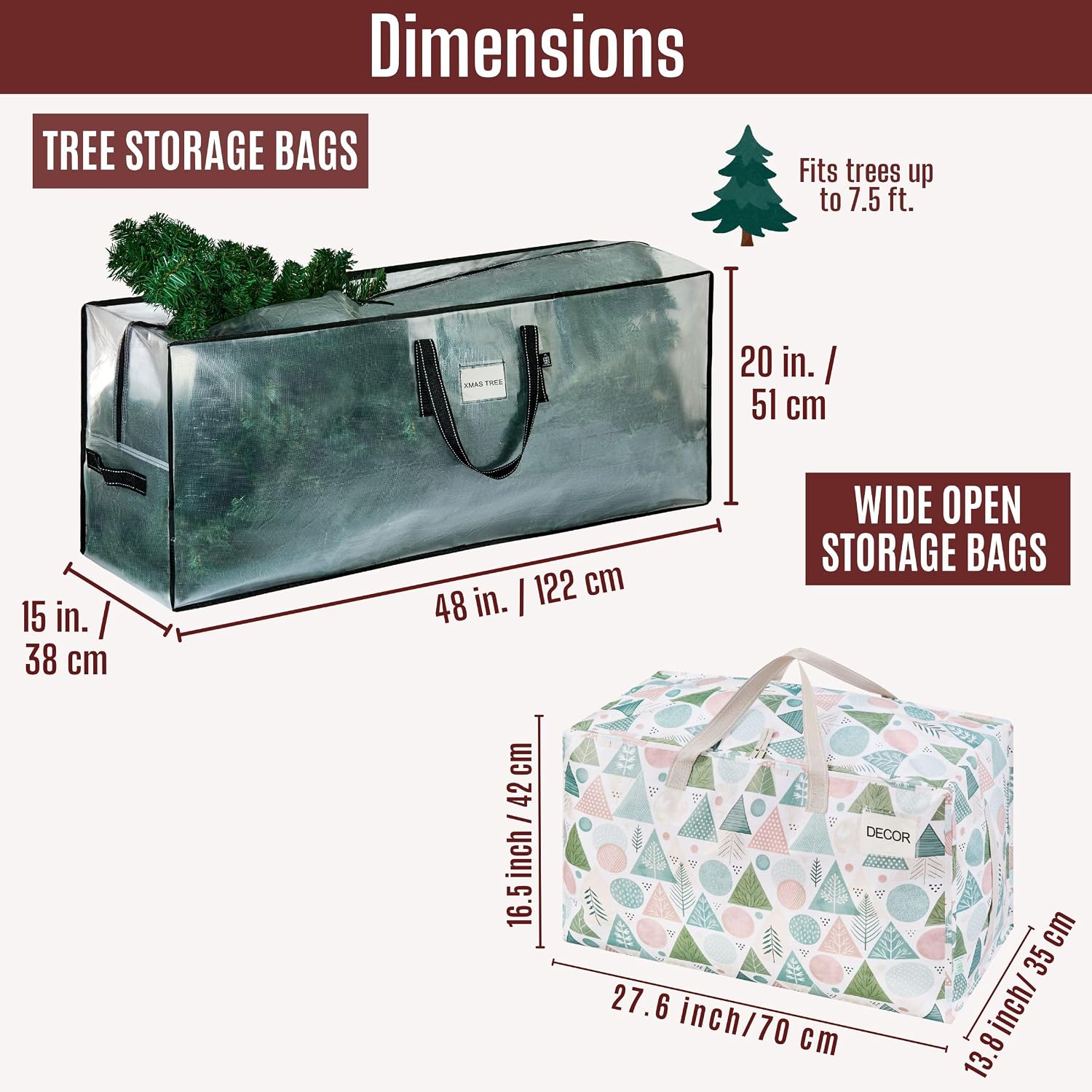 VENO 5 Pack Christmas Decoration, Tree Storage Bags (4 Pack Wide Storage Bags + 1 Pack 7.5 ft Tree Storage)