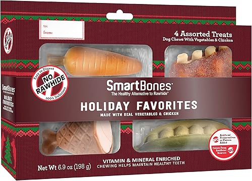 SmartBones Masticables navideños, trata a tu perro con divertidos masticables sin cuero crudo hechos con pollo real