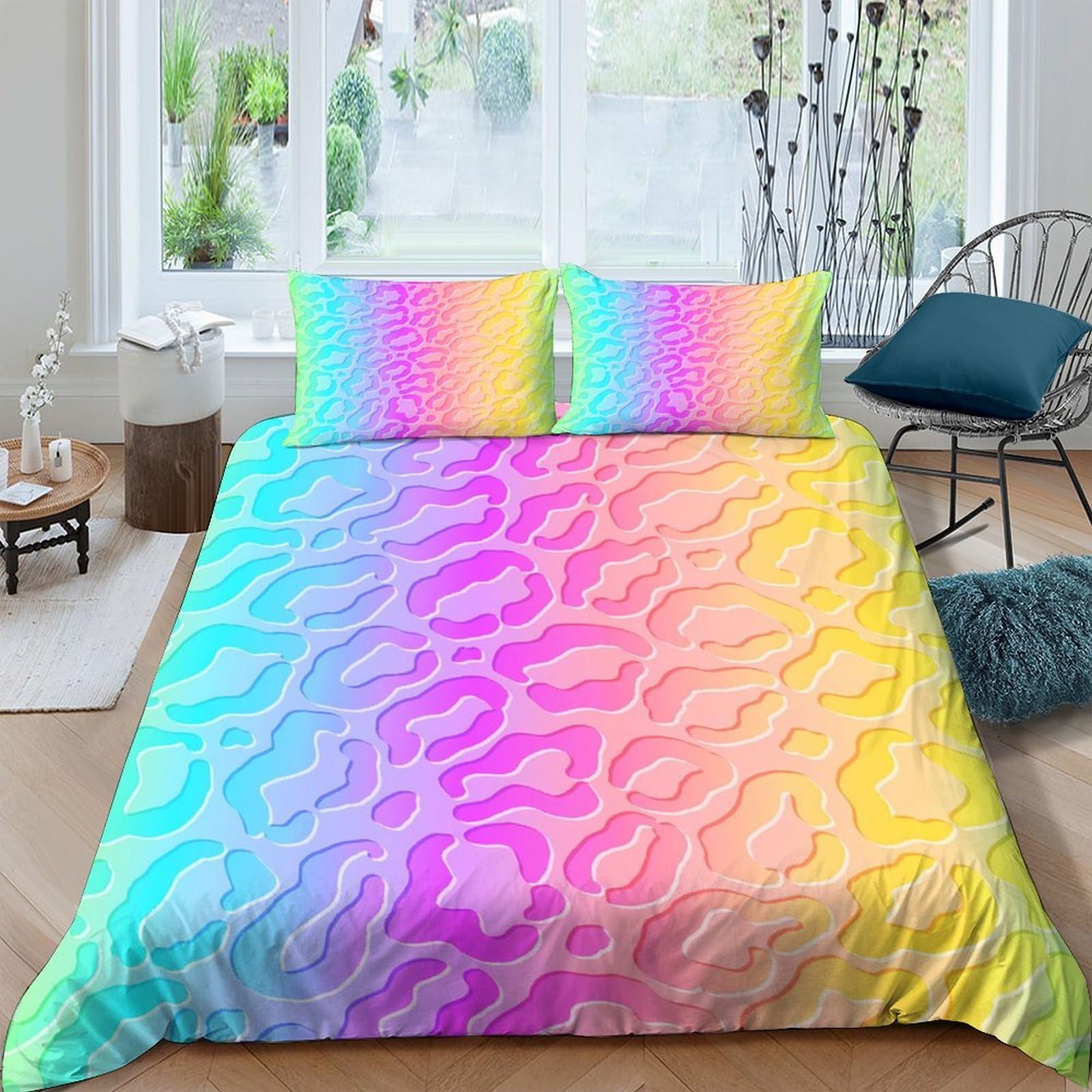 Ctjqhvkz Style-8 3D Printed Rainbow Leopard Fitted Sheet Microfiber Soft Colorful Gradient Bed Cover For Bedroom Dorm Mattress Protection Decor Single（135X200cm）