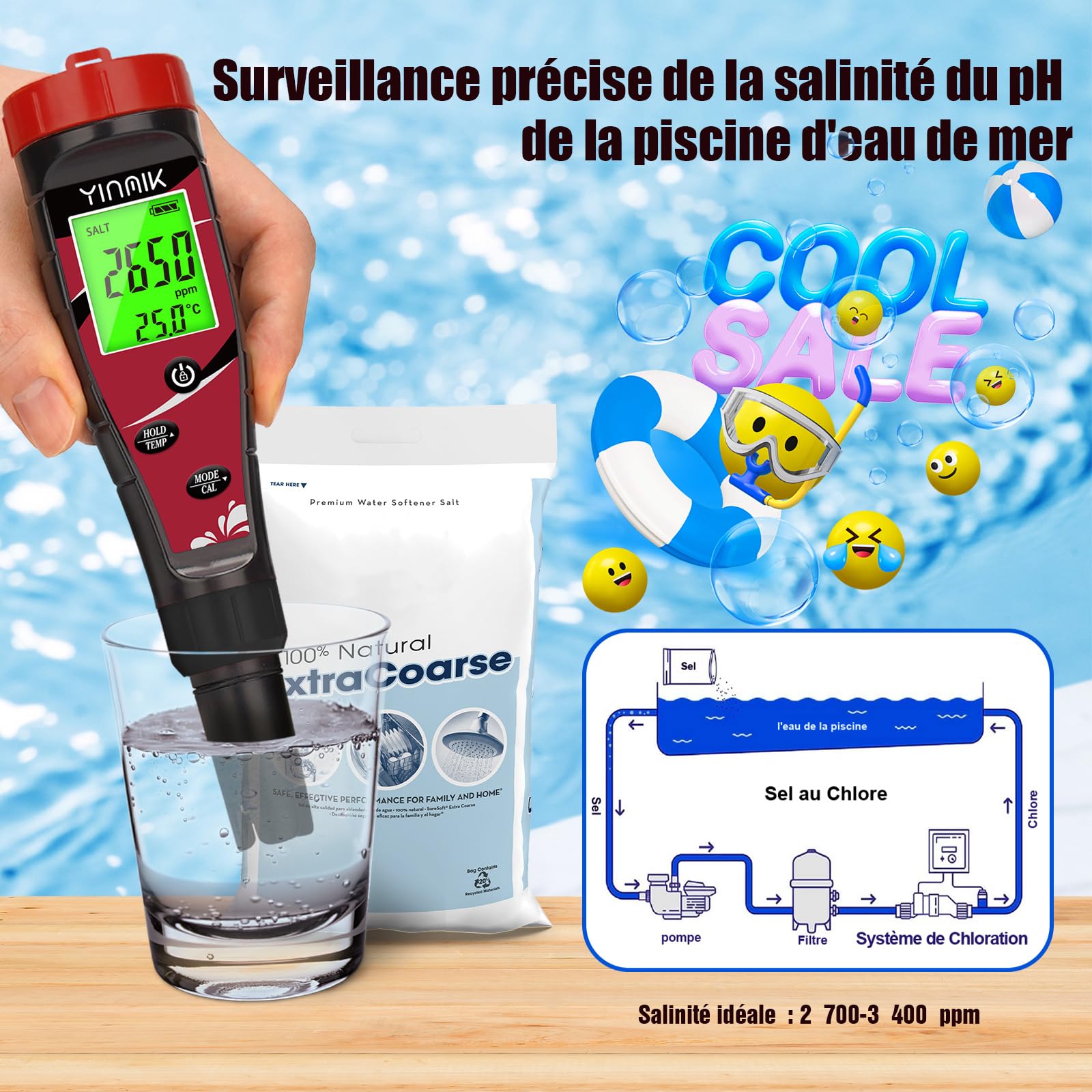 YINMIK 7 en 1 Professionnel pH Mètre Piscine Chlore Sel, Électronique pour Aquarium, Hydroponie et Eau de Piscine, Mesure pH, EC et TDS
