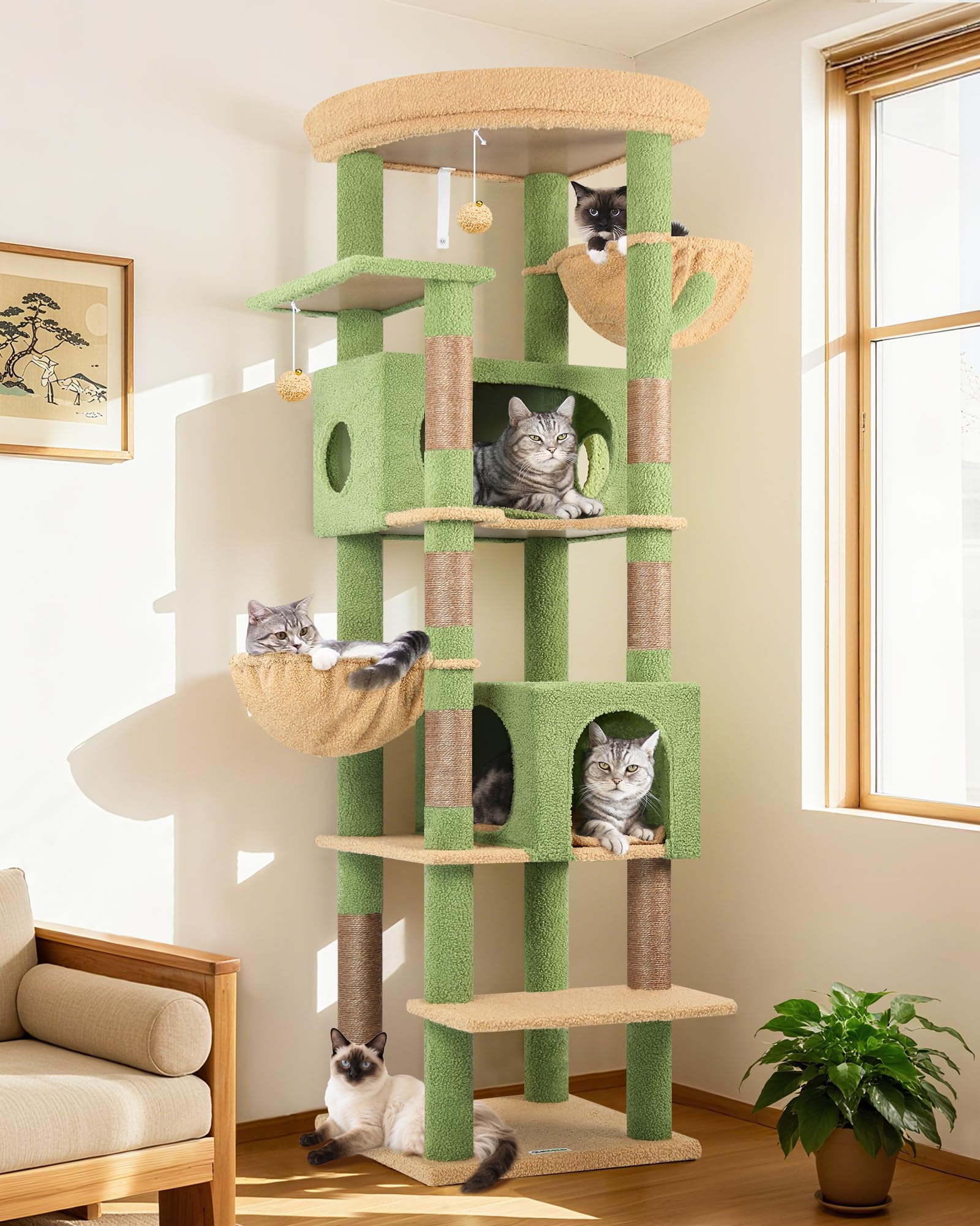 Globlazer Tiragraffi XXL Verde Cactus Grandi 188 cm con 2 Grotta 50*30*30CM, 2 Cesto, Piattaforma Imbottiti, Stabile Albero Tiragraffi per Gatti Adulti Interno Peluche Facile da Pulire (S74, Verde)