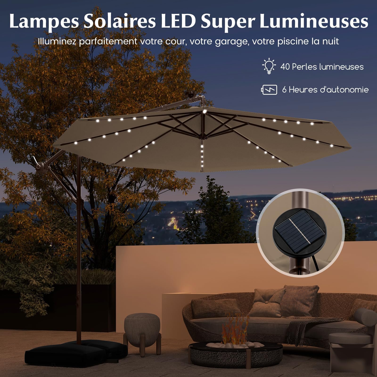 GOPLUS Parasol de Jardin Extérieur avec Pied, 3M Grand Parasol Déporté Inclinable, avec 8 Baleines 32 Lampes Solaires, pour Terrasse Plage Cour (Café)