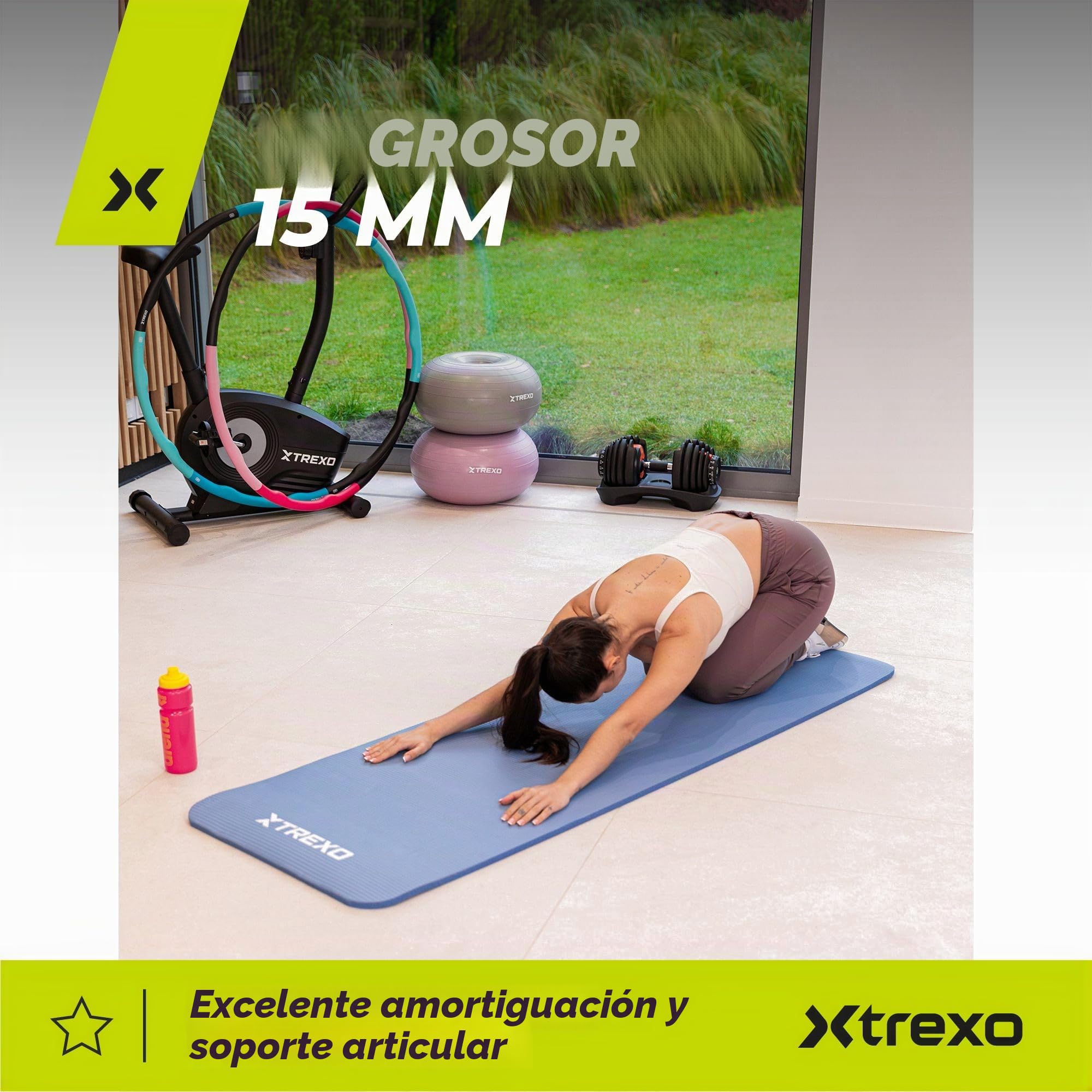 TREXO NBR Alfombrilla de ejercicio rosa claro 183 x 61 cm 15 mm antideslizante con correa de transporte