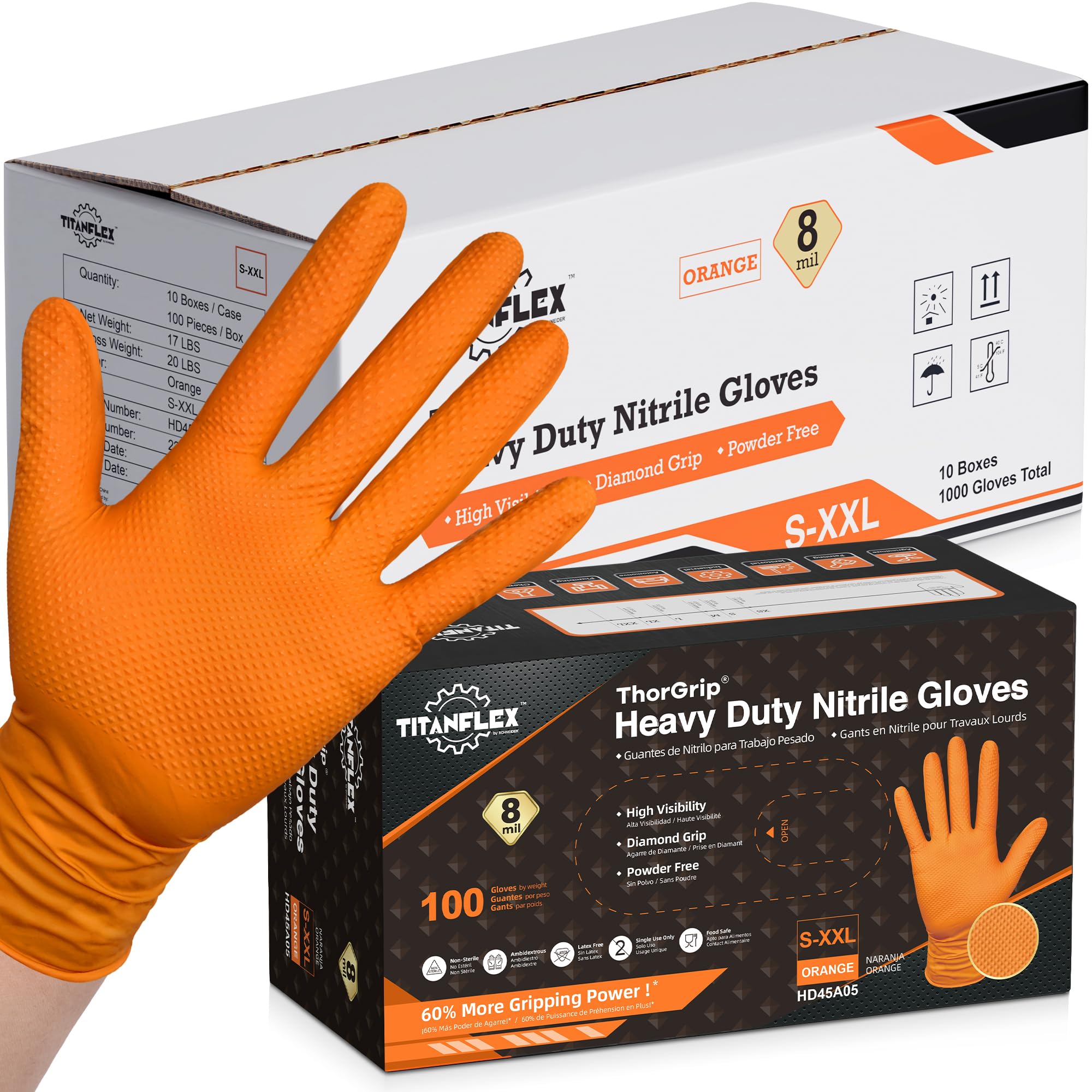 TitanFlex - Heavy Duty Orange Nitrile Industrial Gloves with Thor Grip and Raised Diamond Texture, 8 mil, Latex & Powder Free