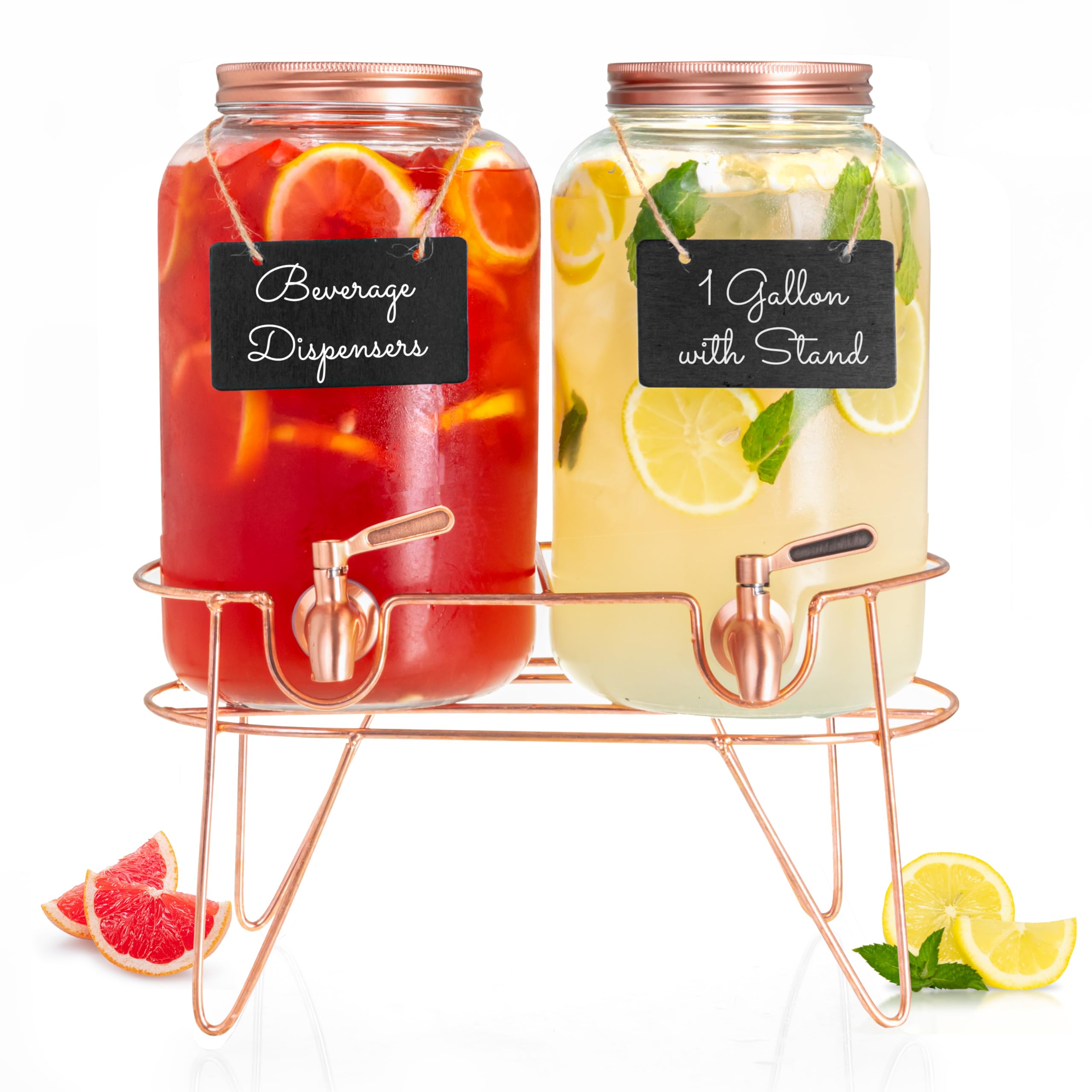 Ilyapa Rose Gold Double Glass Beverage Dispenser with Stand - 1 Gallon Large Drink Dispensers for Parties with Stainless Steel Spigots for Ice Water, Lemonade, Juice, Sangria, Tea & Punch