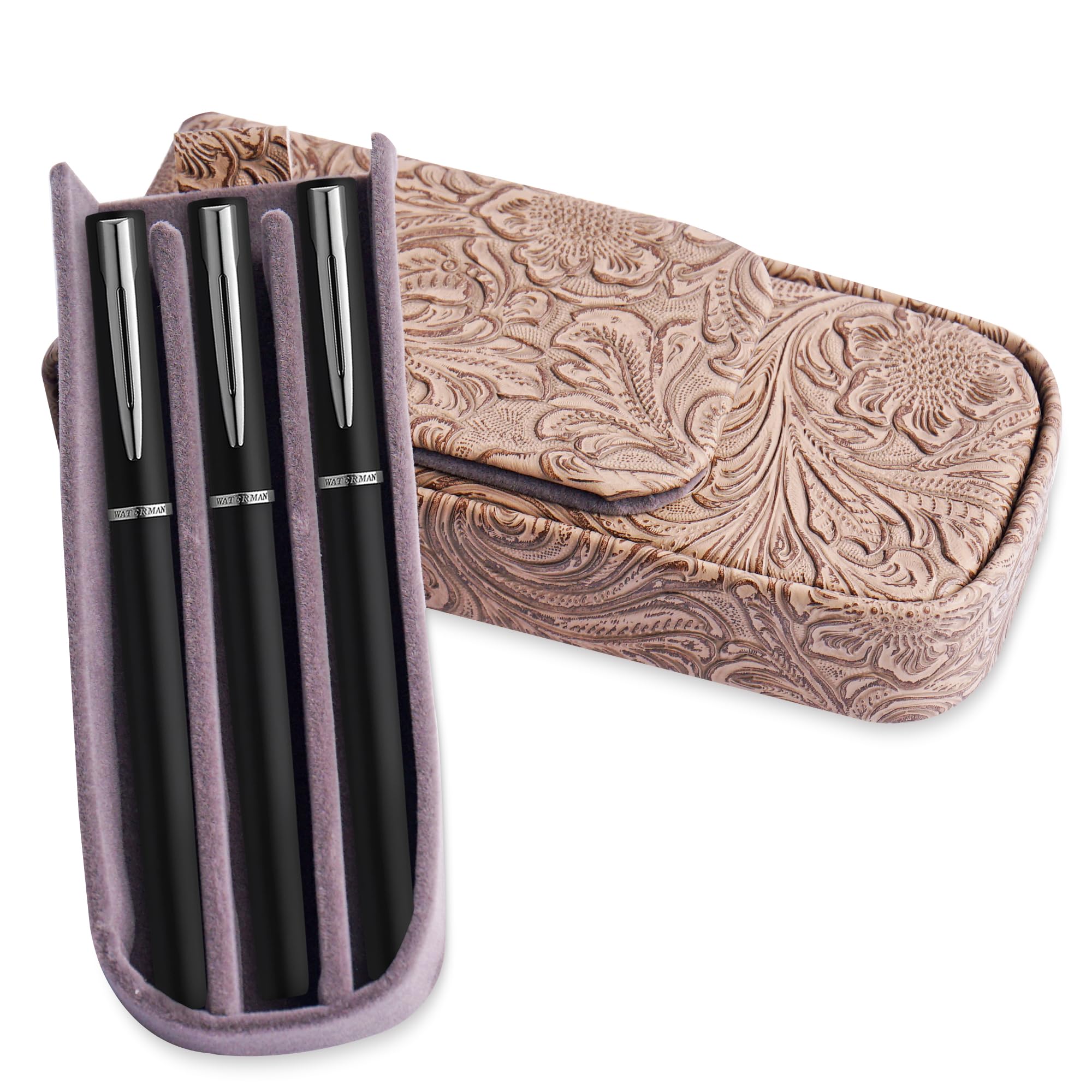 Mtzmy Leather Triple Pen Case Pencil Pouch Holder for Three Fountain Ballpoint Rollerball Pens and Pencils Gift Choice for Man/Woman/Office(1-Carved3 Apricot)