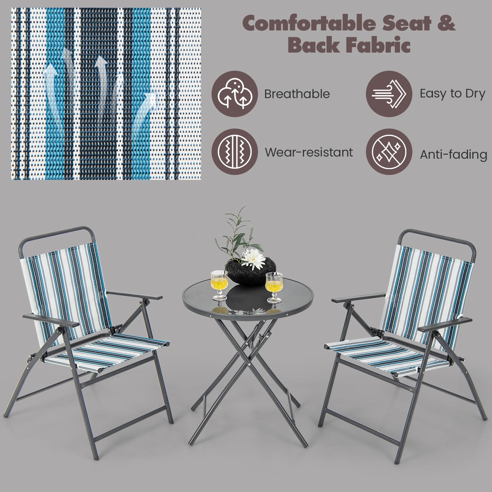 KOMFOTTEU Ensemble de Bistro, 2 Fauteuils en Teslin & Table en Verre Pliables, Ensemble de Jardin pour 2 Personnes, Meuble d'Extérieur 3 pièces, pour Balcon, Terrasse, Piscine