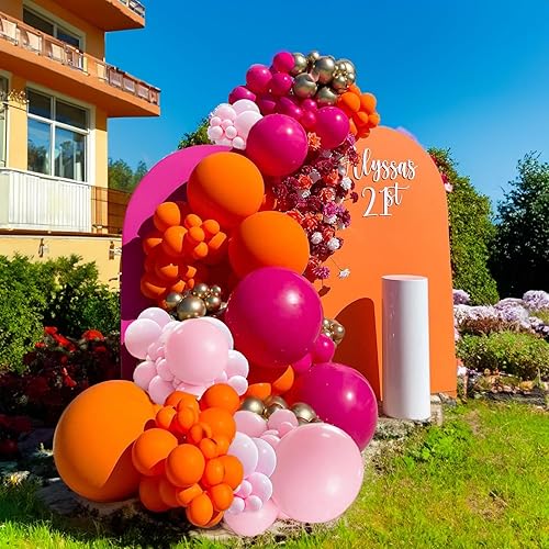 Miniatura 3 de Kit de guirnalda de globos de arco de globos de color rosa y naranja, globos de confeti dorado rosa intenso, globos magenta para verano tropical,