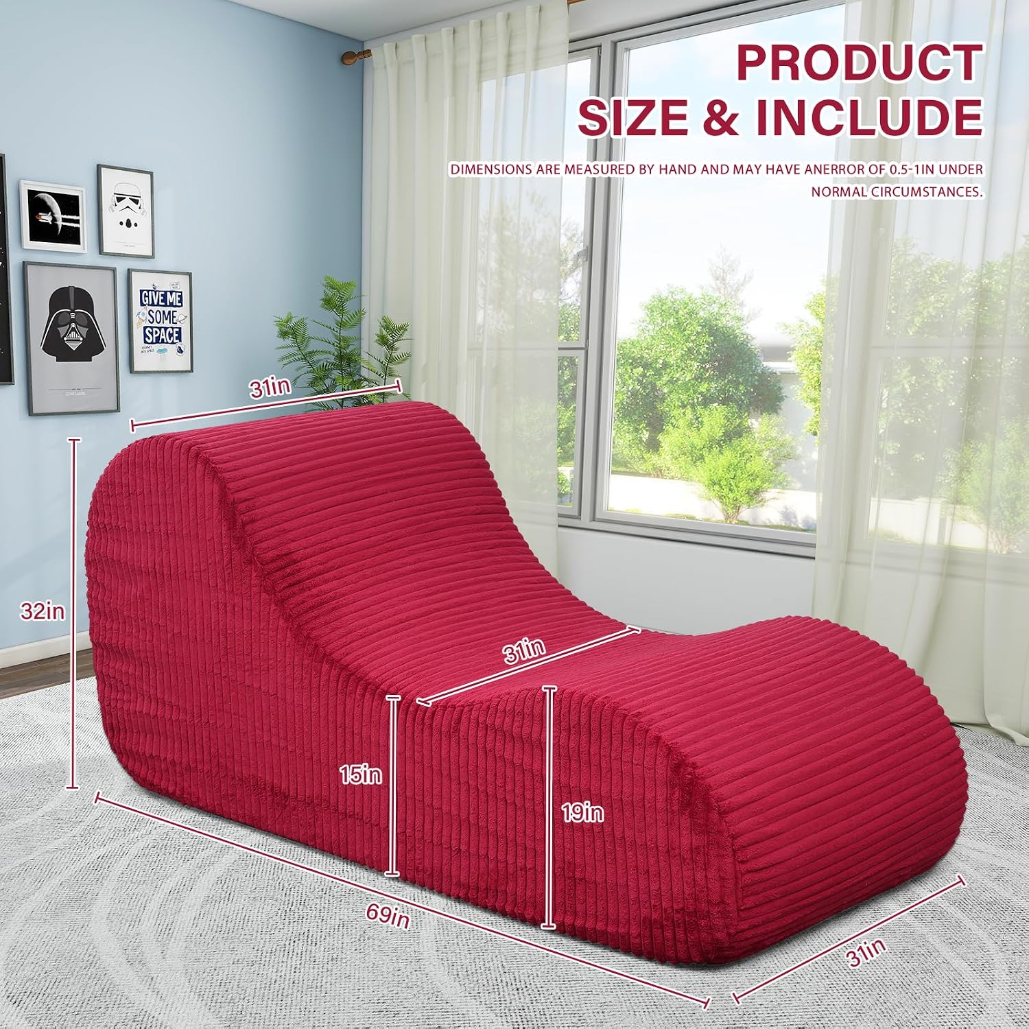 Rattan Star Boneless Oversized High-Density Sponge Soft Sofa Corduroy Chaise Lounge Chair Couch Indoor, Red
