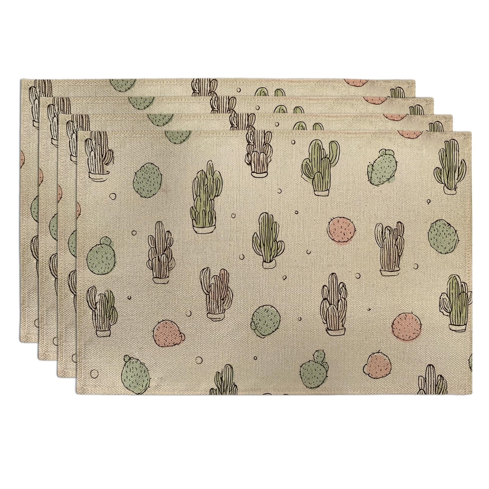 Cactus Pattern Placemats, Beige Desert Botanical Place mats for Dining Table, Non-Slip Washable Indoor Outdoor Party Decorative Placemat Set of 4