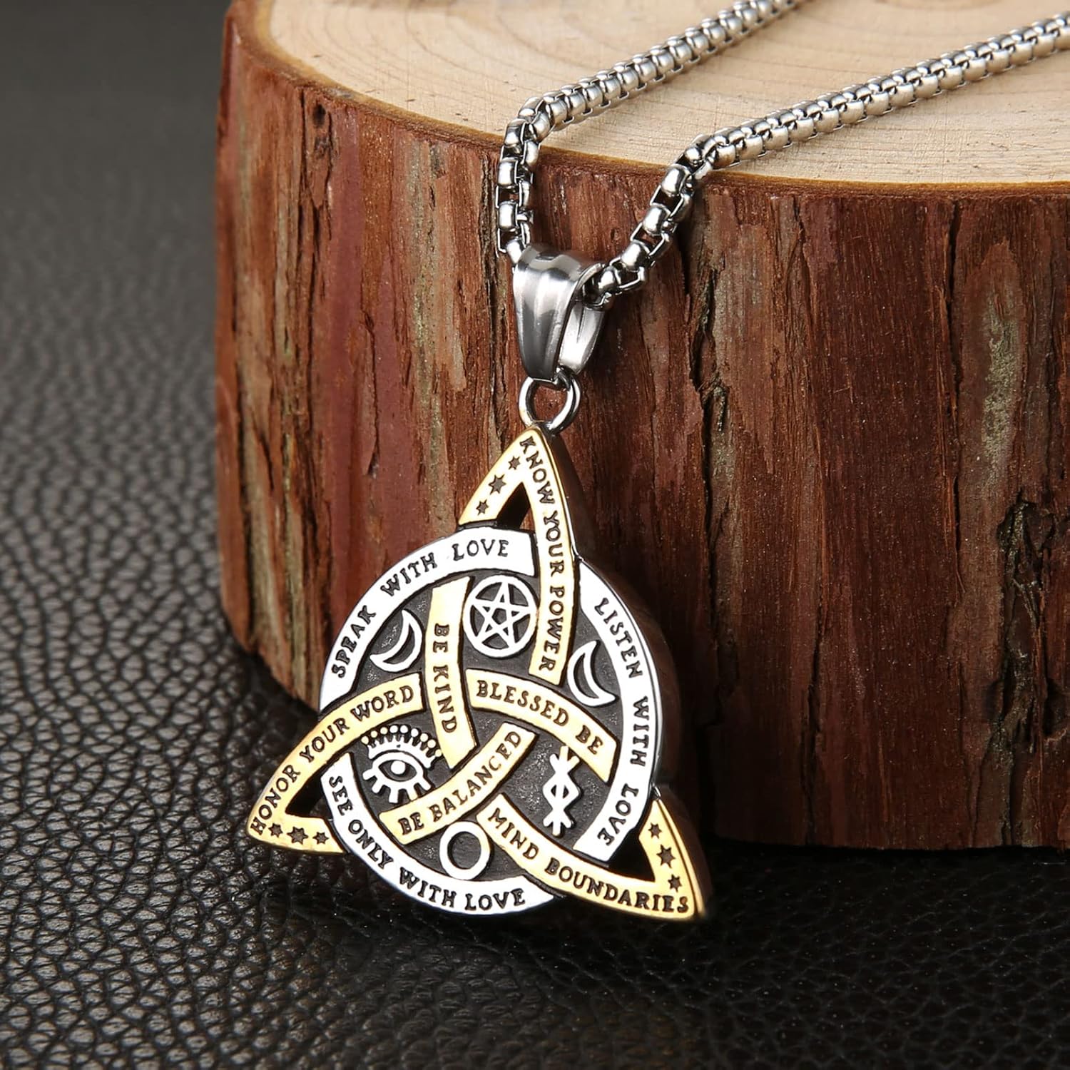 HZMAN Double Sided Stainless Steel Triple Goddess Triquetra Necklace Celtic Knot Irish Christian Trinity Knot Pendant - Image 4
