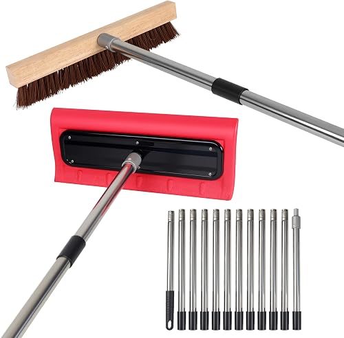 2-in-1 Leaf Roof Brush and Snow Rake, Roof Cleaning Brush & Leaf Removal Tool, Adjustable 5-20ft Cleaning Brush Tool for Cleaning Shingles, Solar Panels, Car Tops with No-Scratch Head
