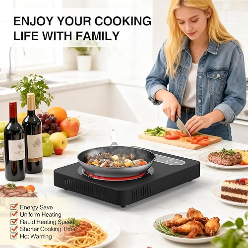 Miniatura 7 de Placa eléctrica de 1800 W estufa eléctrica portátil de un solo quemador de 110 V con pantalla táctil LED, 10 niveles de potencia, placa caliente con