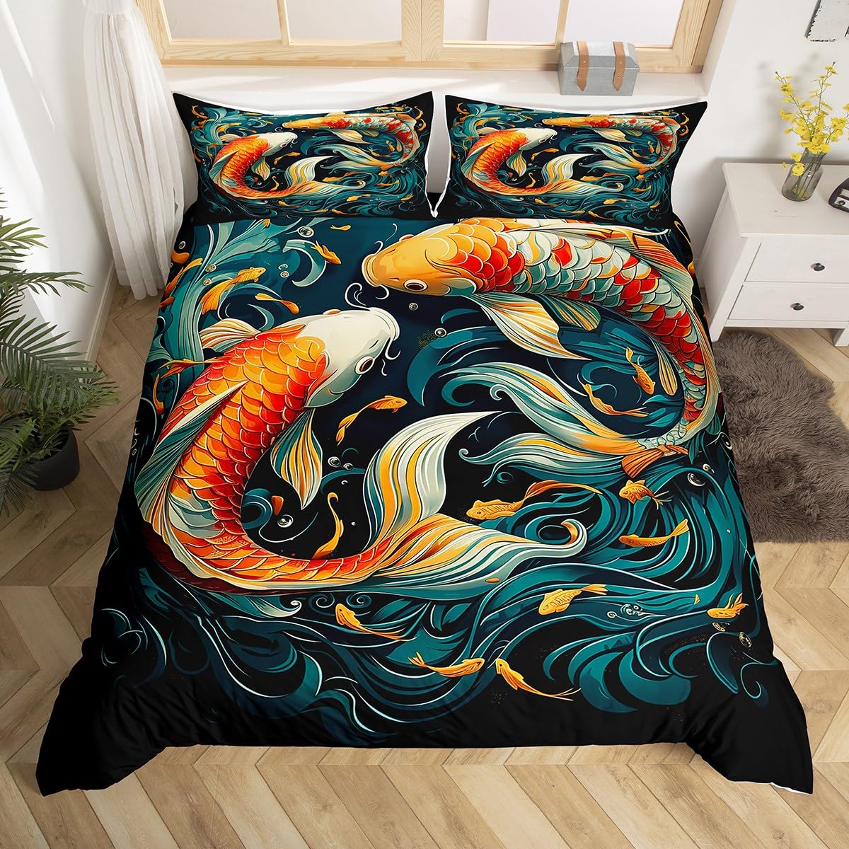 Housse de couette carpes koï grand lit avec 2 taies d'oreiller japonaises pour chambre d'enfant