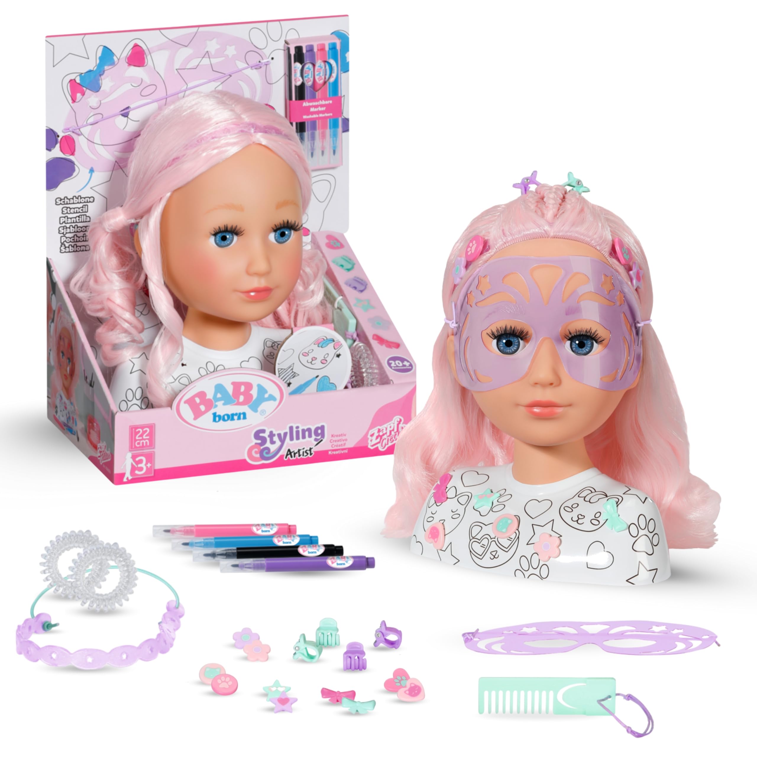 BABY born Testa Creative – Con capelli rosa, pennarelli e oltre 20 accessori - Testa da truccare e pettinare - Dai 3 anni in su
