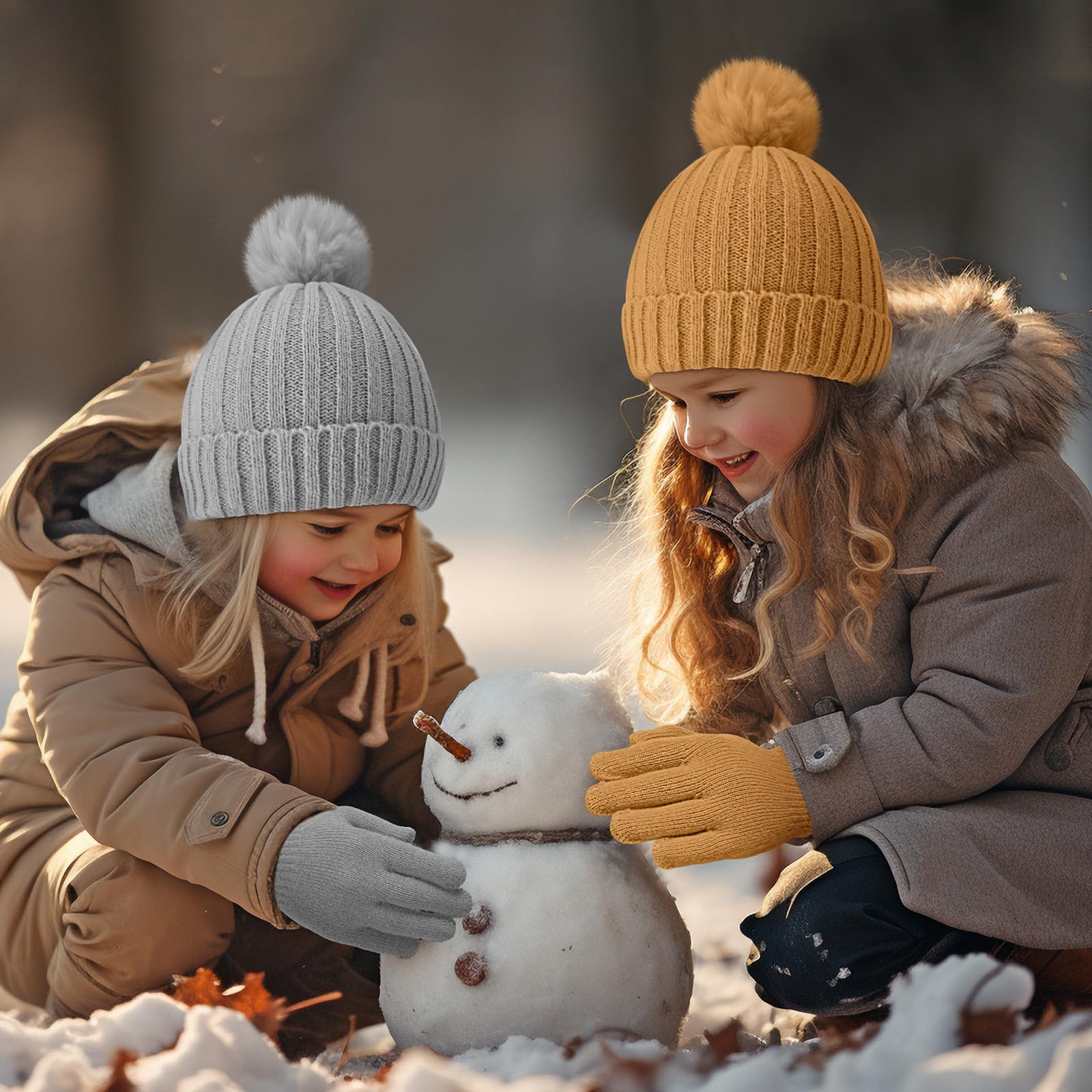 JaGely 20-teiliges Kinder-Mützen- und Handschuh-Set, warme Wintermütze und Handschuhe, Unisex, Strickmütze mit Pompon, volle Finger, gestrickte Skihandschuhe für Jungen und Mädchen, Geschenk, bunt,