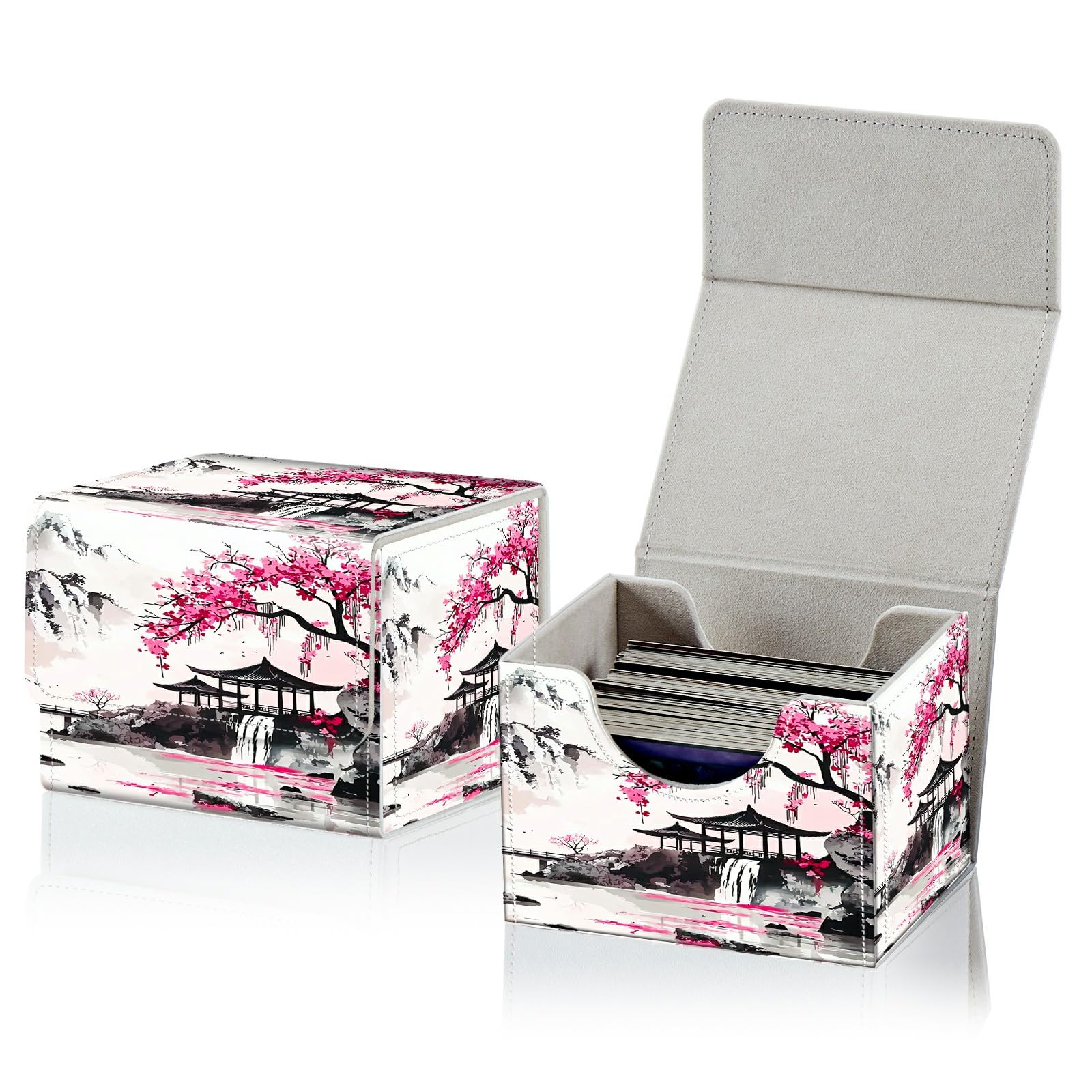 RWUTYTIUL Card Deck Box for MTG, Cards Storage Box Fits 120+ Sleeved, Leather Small Size Strong Magnetic Closing Card Case for Board Games Magic TCG CCG Baseball Collection, Pink Flower Pavilion
