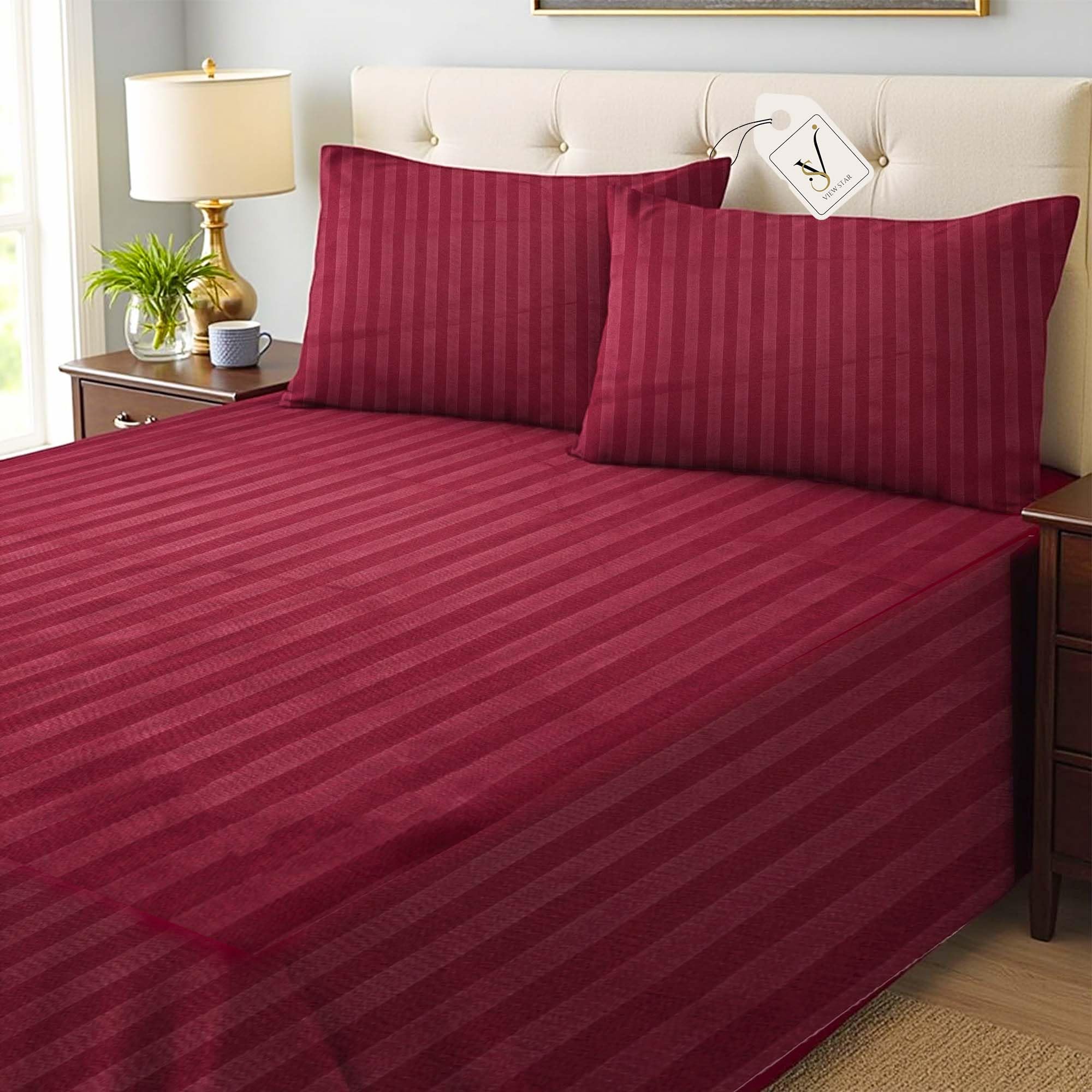 Viewstar 4-Piece Luxury King Size Striped Bedding Set – Hotel-Inspired Soft Duvet Cover, Fitted Bed Sheet & Pillow Cases - Elegant Large Size Bedsheet for Comfort (Maroon)
