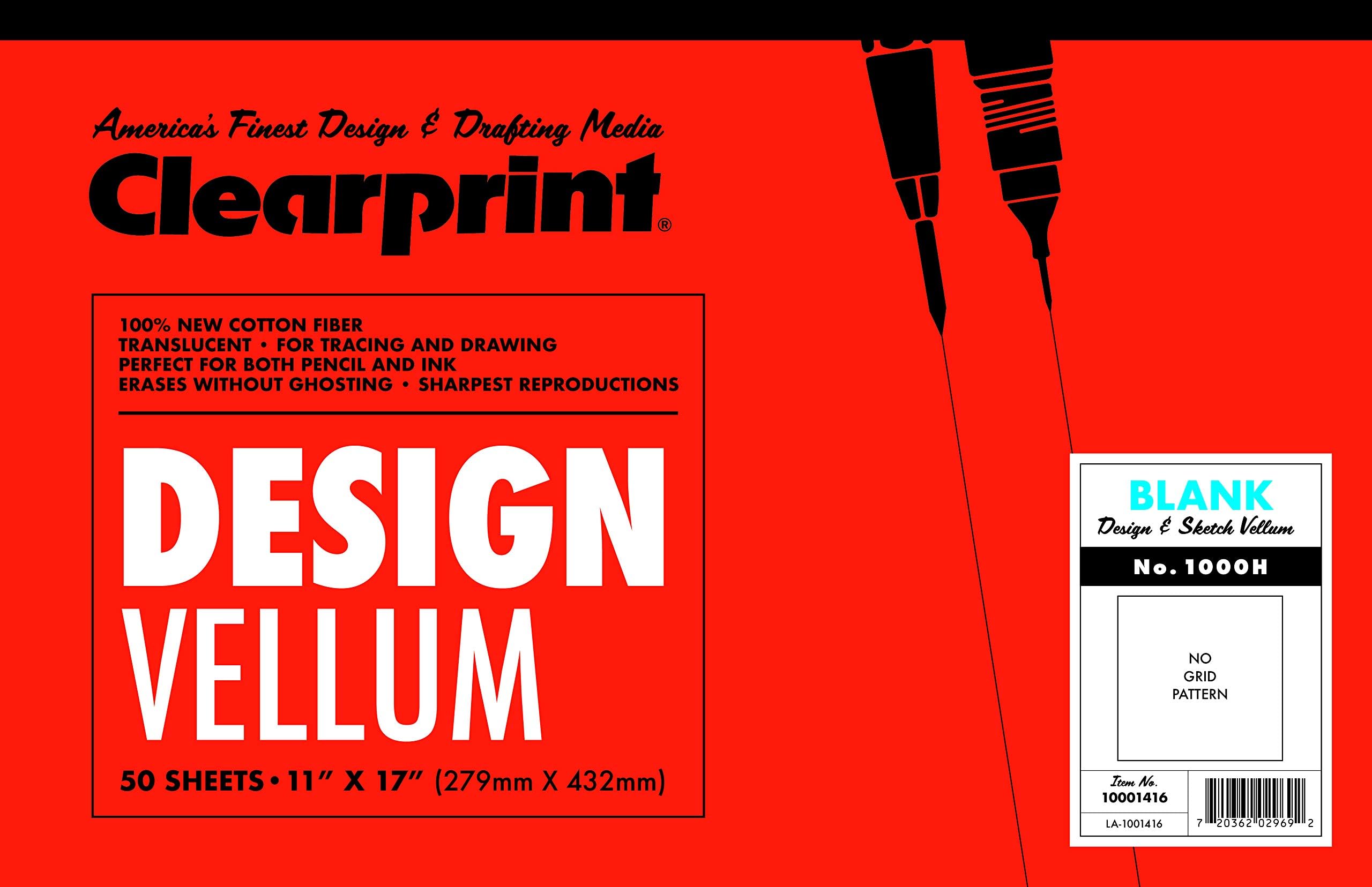 Clearprint 11" x 17" 1000H Design Vellum Pad, 16 lb., 100% Cotton, 50 Sheets, 1 Each, 50 Count (Pack of 1)