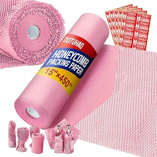 Honeycomb Packing Paper, Pink 15" x 450'' Packing Paper, Wrapping for Moving Shipping Packaging, Recyclable Moving Supplies With Fragile Sticker Labels and Twine (Pink,15" x 450'')
