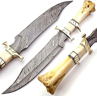 Nooraki -16" Handmade Damascus Steel Exotic Camel Bone Bowie Knife Sharp Fixed Blade Handle With Leather Sheath - Hunting Knife, Camping, Survival, Gift for Men & Women - Nooraki