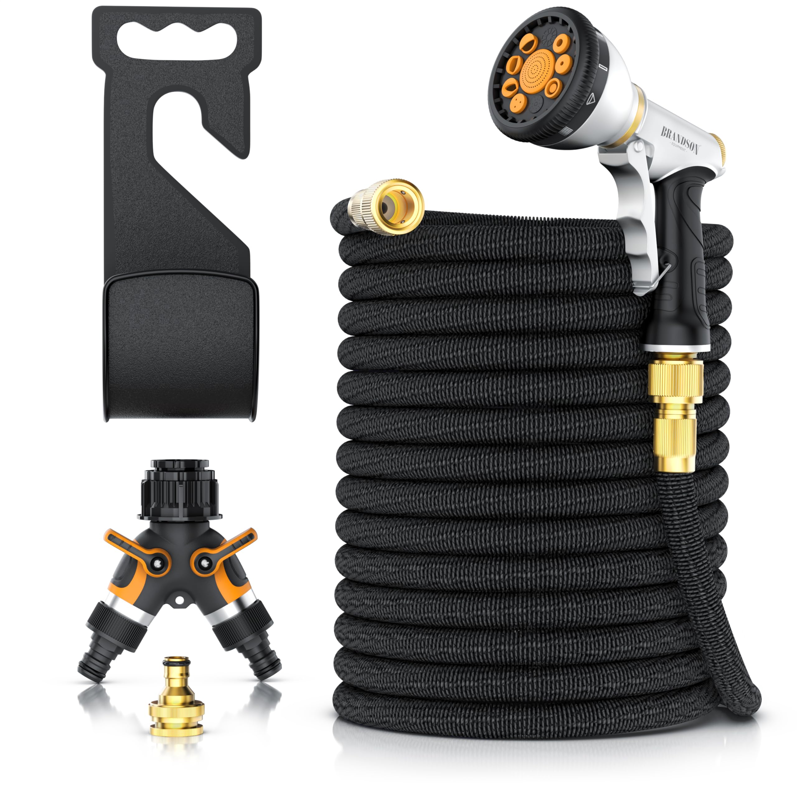 Brandson – Gartenschlauch flexibel mit Spritze – 3/4 Zoll Wasserschlauch mit Handbrause – 9 Strahleinstellungen – Wasserverteiler – Wandaufhängung – für Garten Pflanzen Rasen Beete