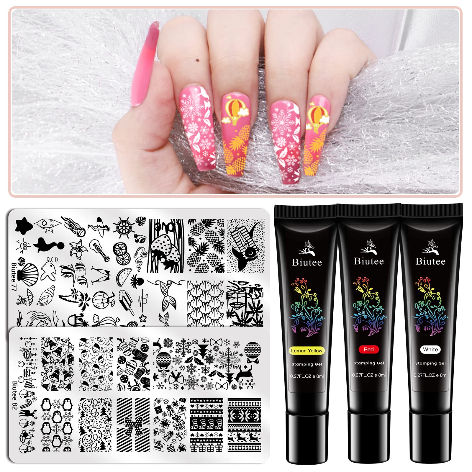 Biutee Nail Stamping Set 12pcs Plantillas Estampacion Uñas 8 Colores 8ml Gel Polish con Tampón Rascador
