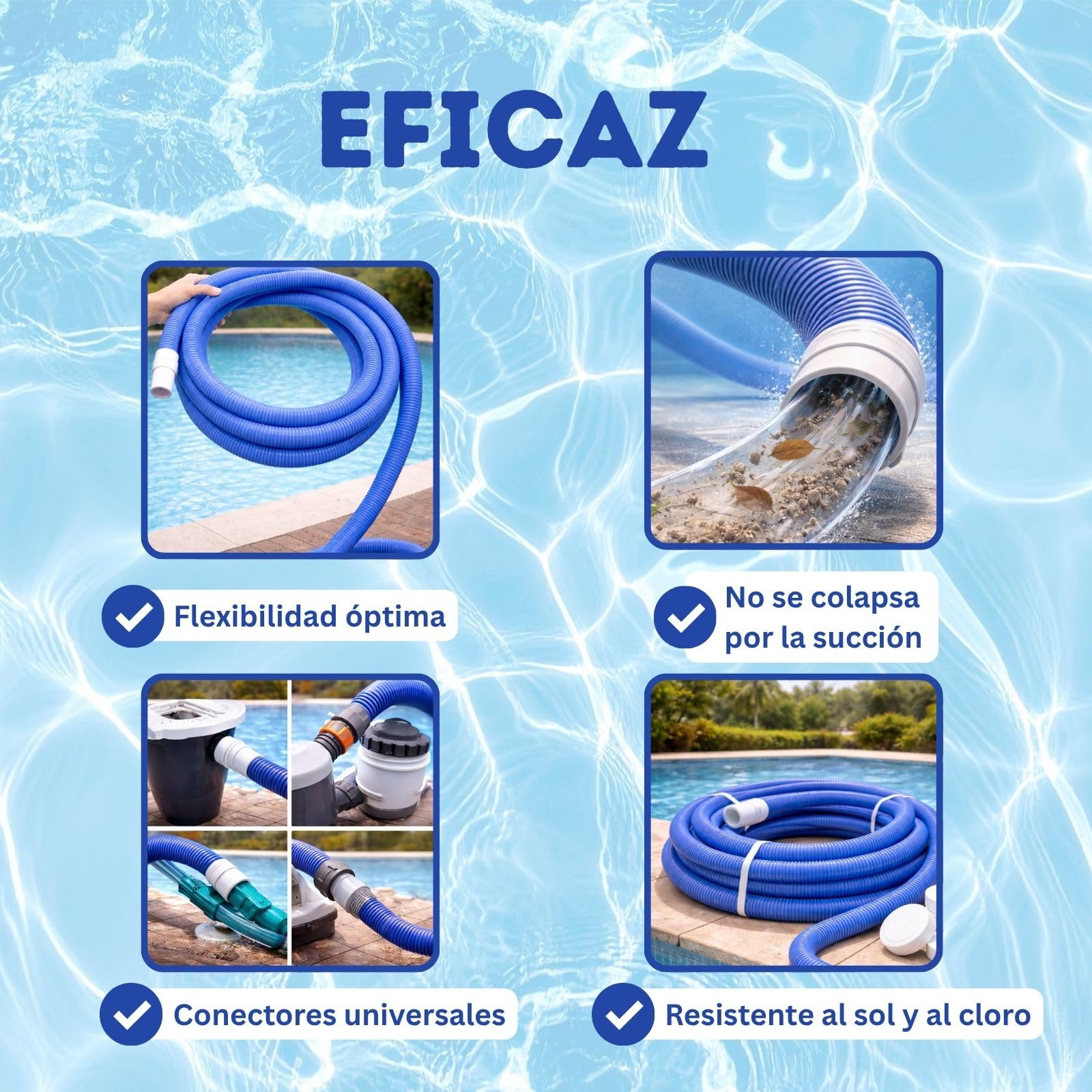 ONEPOOL Manguera para Limpiafondos Piscina 15 m | Tubo Corrugado Flexible para Aspiración y Limpieza de Piscinas | Compatible con Limpiafondos y Boquillas Estándar 38 mm | Resistente UV.