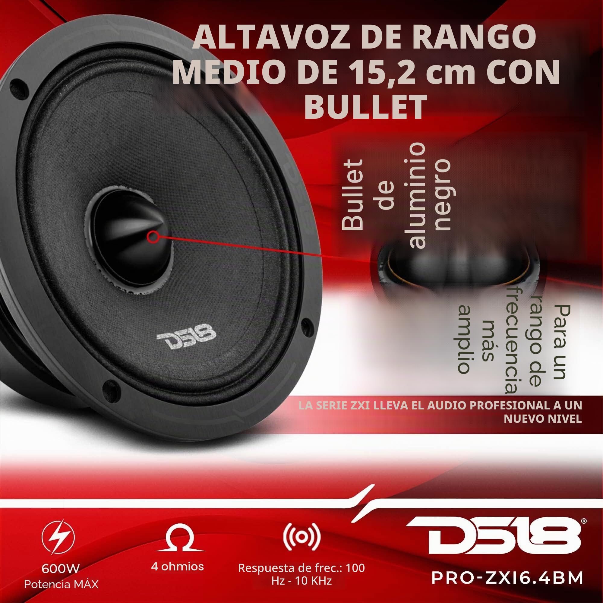 DS 1 DS18 Pro-ZXi6.4BM Altavoz midrange de 16,5 cm, 165 mm de diámetro, 6,5", 300 vatios rms, 600 vatios máx., 4 ohmios, sensibilidad 97 db, Puertas, Aletas, 1 Pieza