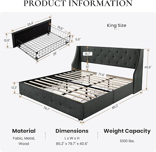 Miniatura 18 de SHA CERLIN Marco de cama tapizado de tamaño matrimonial con 4 cajones de almacenamiento y cabecera con respaldo de ala, diseño capitonado de botón